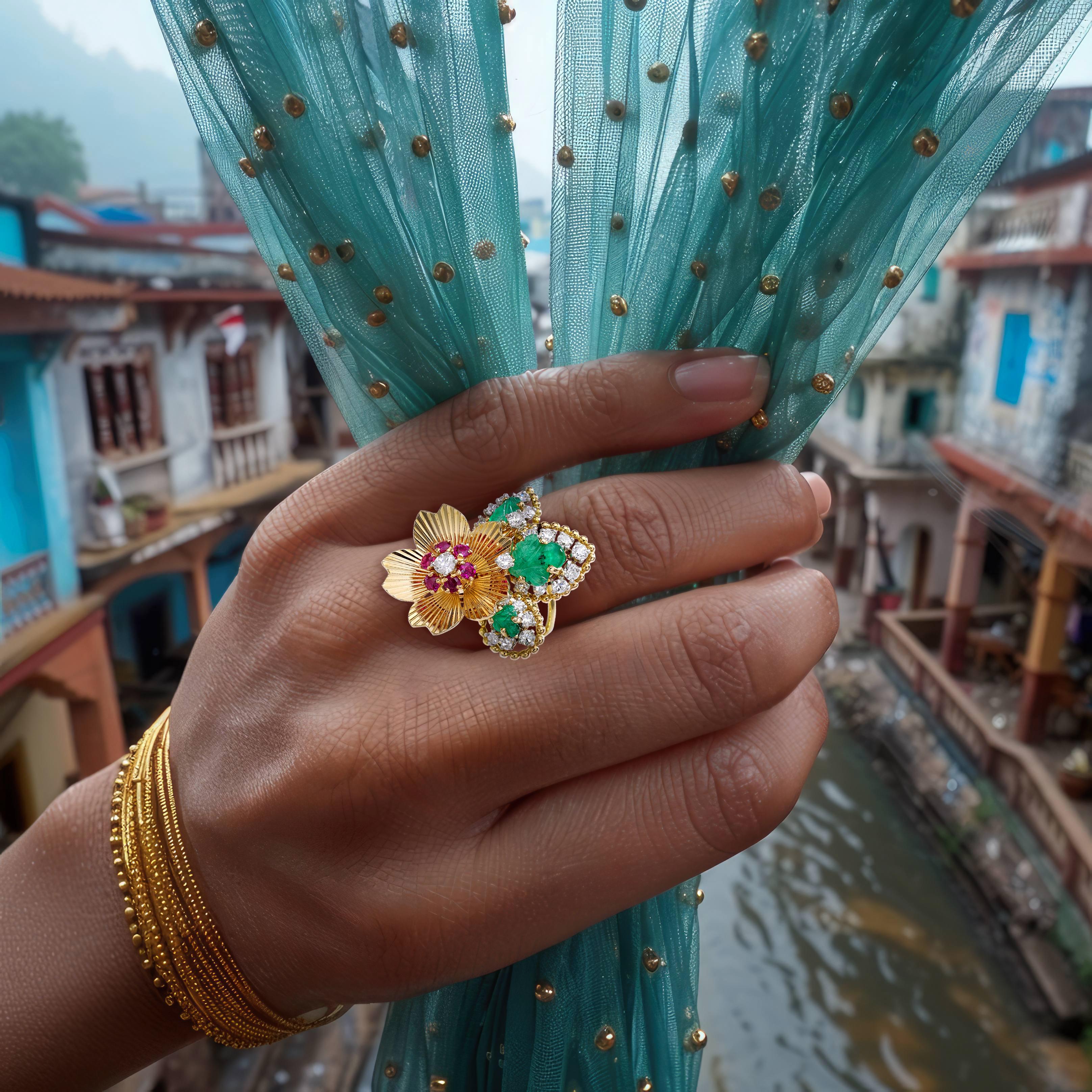 1950s Diamond Ruby Emerald Gold Flower Ring In Excellent Condition For Sale In Geneva, CH