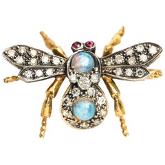 Vintage 1950s Diamond Ruby Opal 18 Karat Gold and Sterling Silver Insect Brooch Pendant