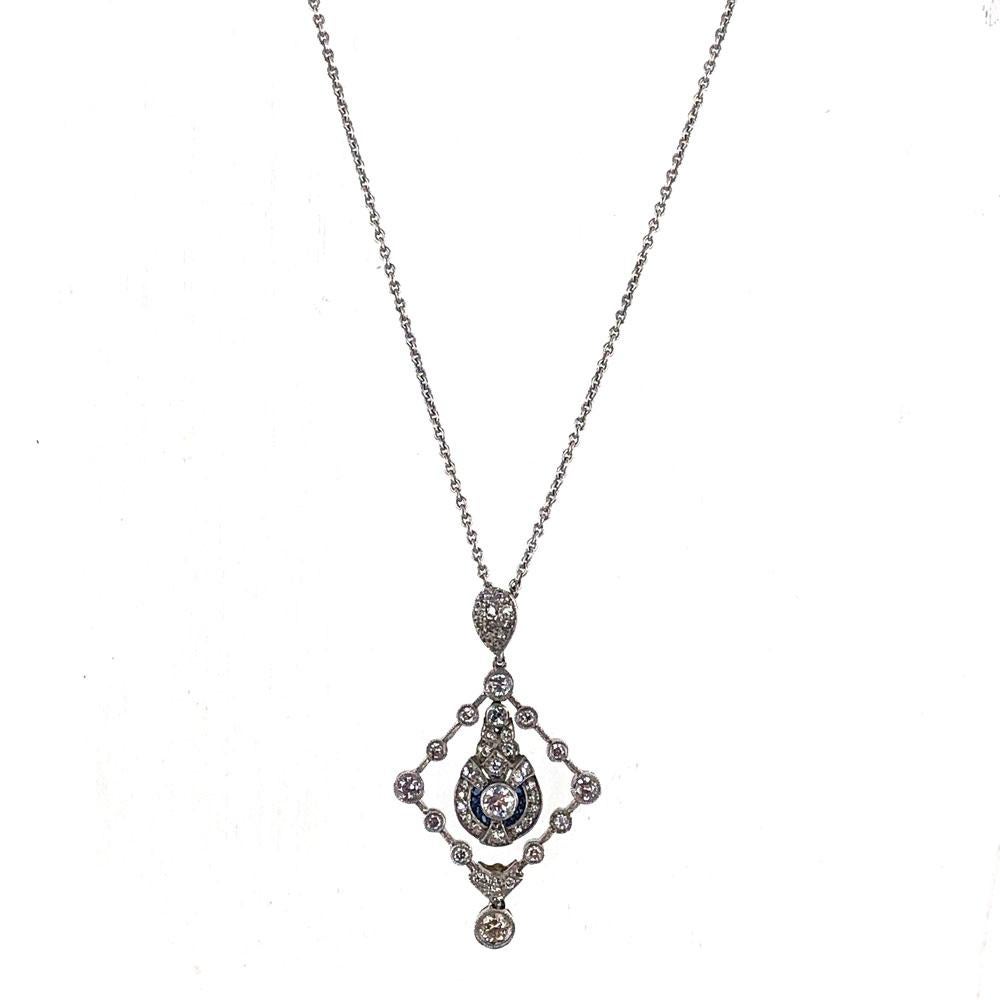 Art Deco 1950s Diamond Sapphire 18 Karat White Gold Pendant Necklace