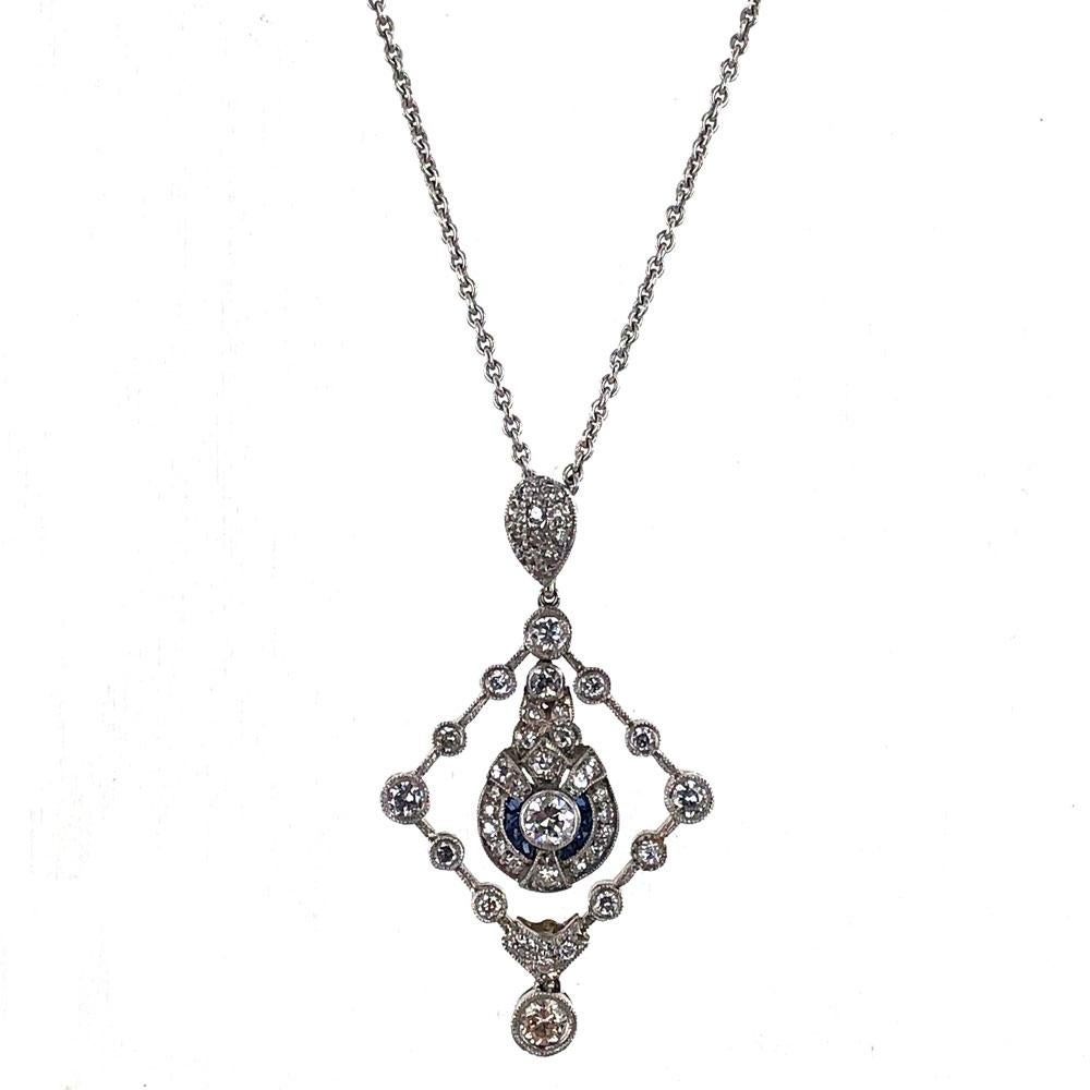 Old European Cut 1950s Diamond Sapphire 18 Karat White Gold Pendant Necklace