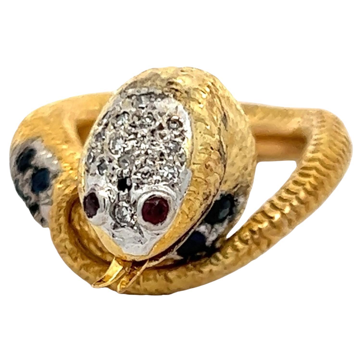 1950's Diamond Sapphire Ruby  18 Karat Two Tone Gold Cobra Snake Estate Ring