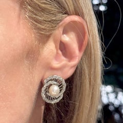 1950's Diamond Swirl Pearl 14 Karat White Gold Screw Clip Vintage Earrings