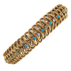 1950s Diamond Turquoise 18 Karat Yellow Gold Link Bracelet