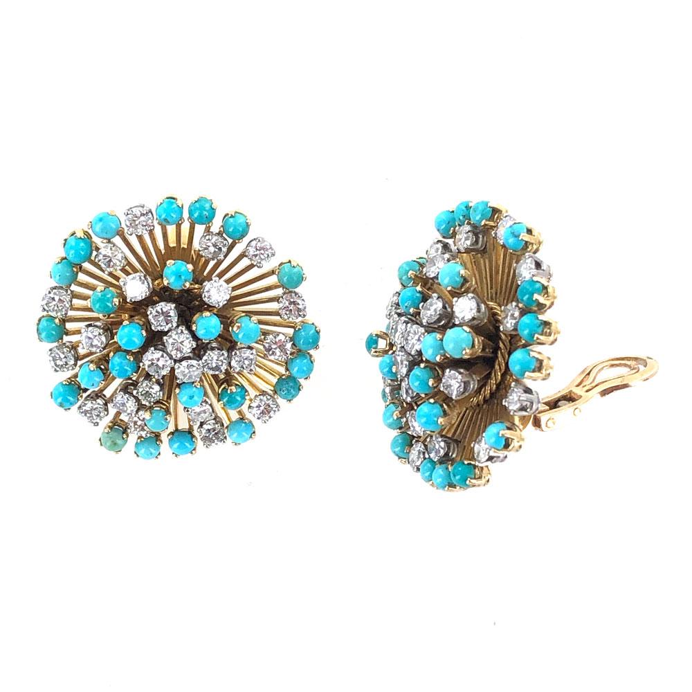 Stunning diamond and turquoise starburst earrings circa 1950's. The circular earrings feature 48 round brilliant cut diamonds that equal approximately 5.50 carat total weight. The diamonds are graded G color and VS clarity. European hallmarks are