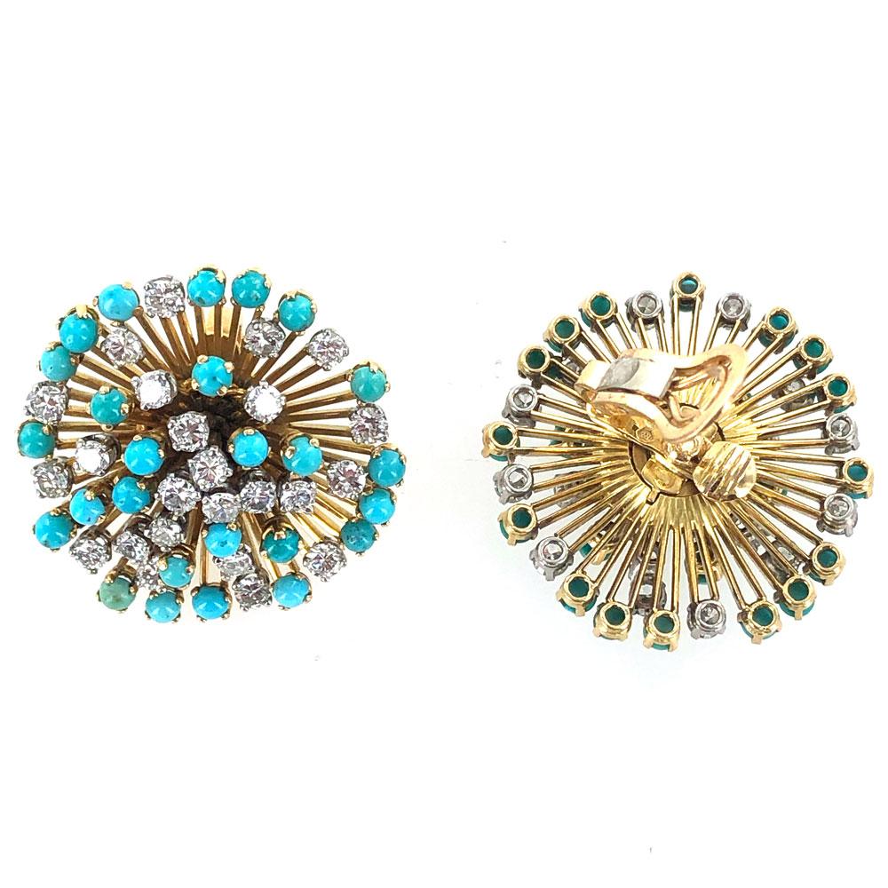 Retro 1950s Diamond Turquoise Starburst 18 Karat Yellow Gold Earrings