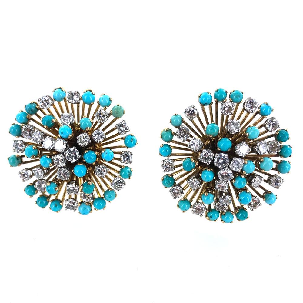 Women's 1950s Diamond Turquoise Starburst 18 Karat Yellow Gold Earrings