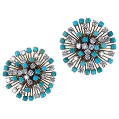 Vintage 1950s Diamond Turquoise Starburst 18 Karat Yellow Gold Earrings