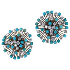 1950s Diamond Turquoise Starburst 18 Karat Yellow Gold Earrings