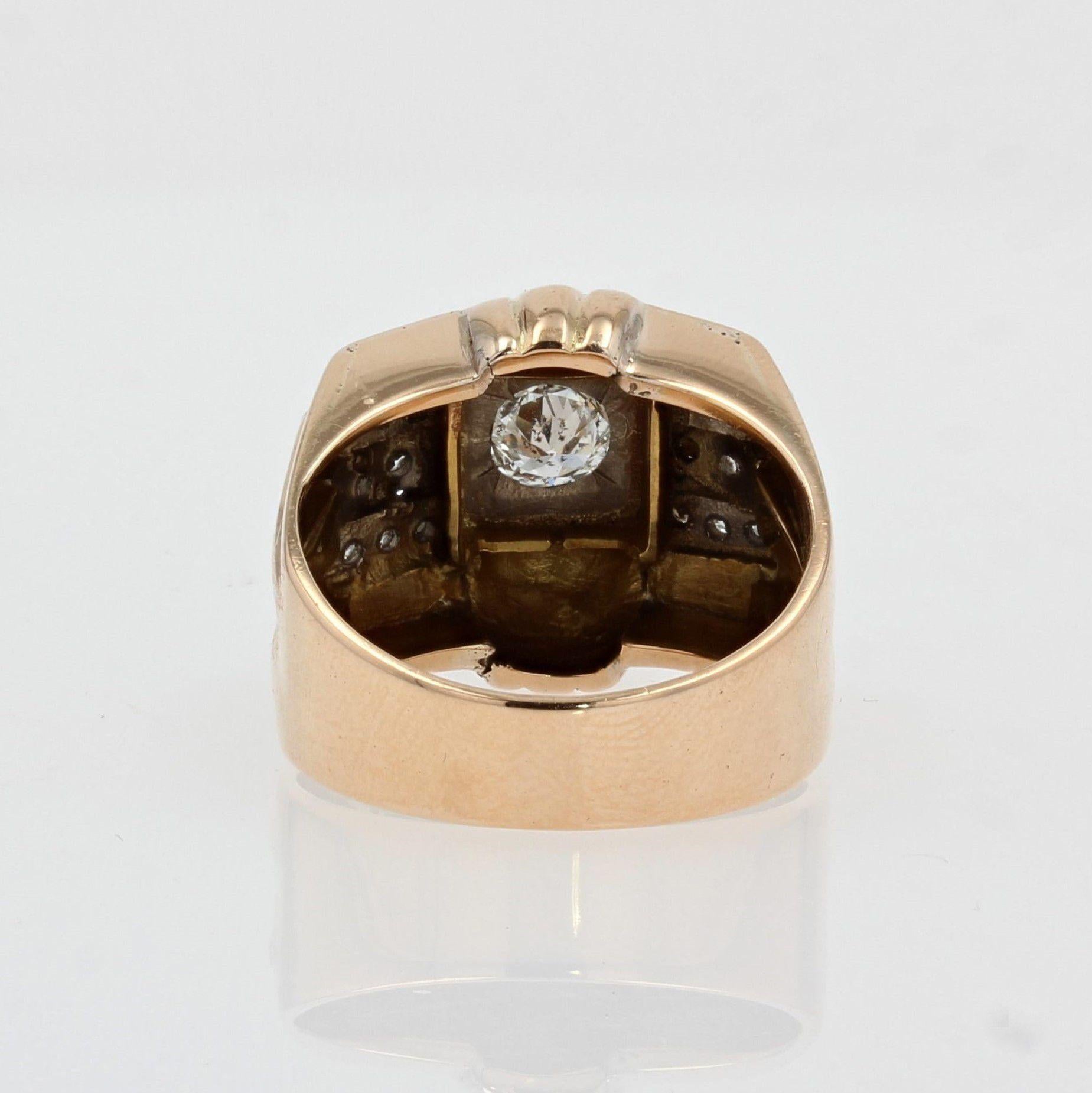1950s Diamonds 18 Karat Rose Gold Tank Signet Ring 4