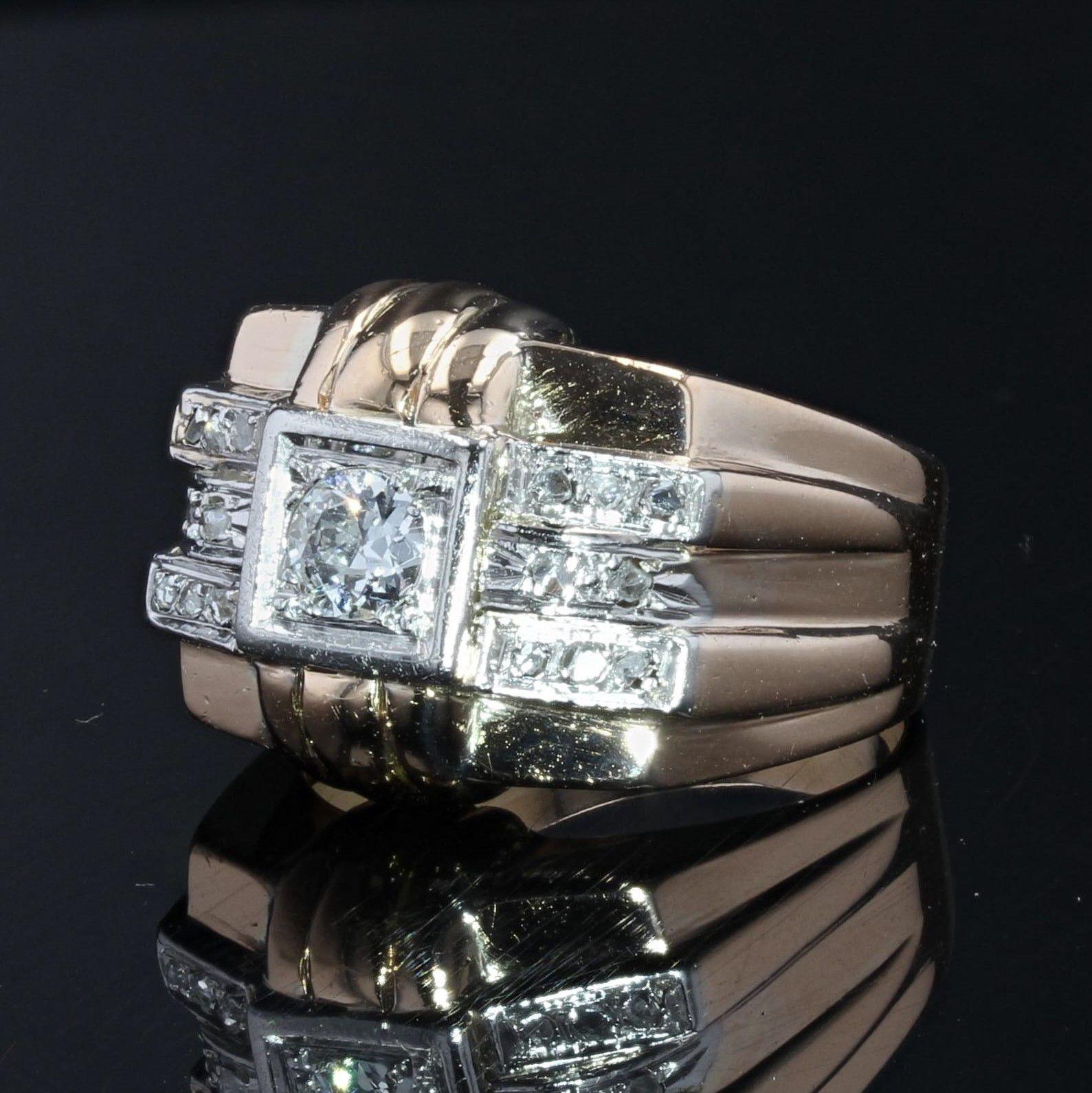 Brilliant Cut 1950s Diamonds 18 Karat Rose Gold Tank Signet Ring