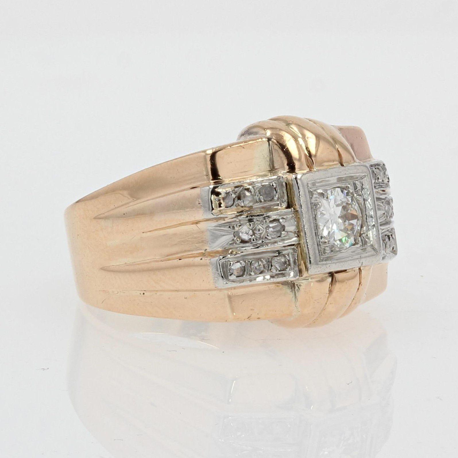 1950s Diamonds 18 Karat Rose Gold Tank Signet Ring 2