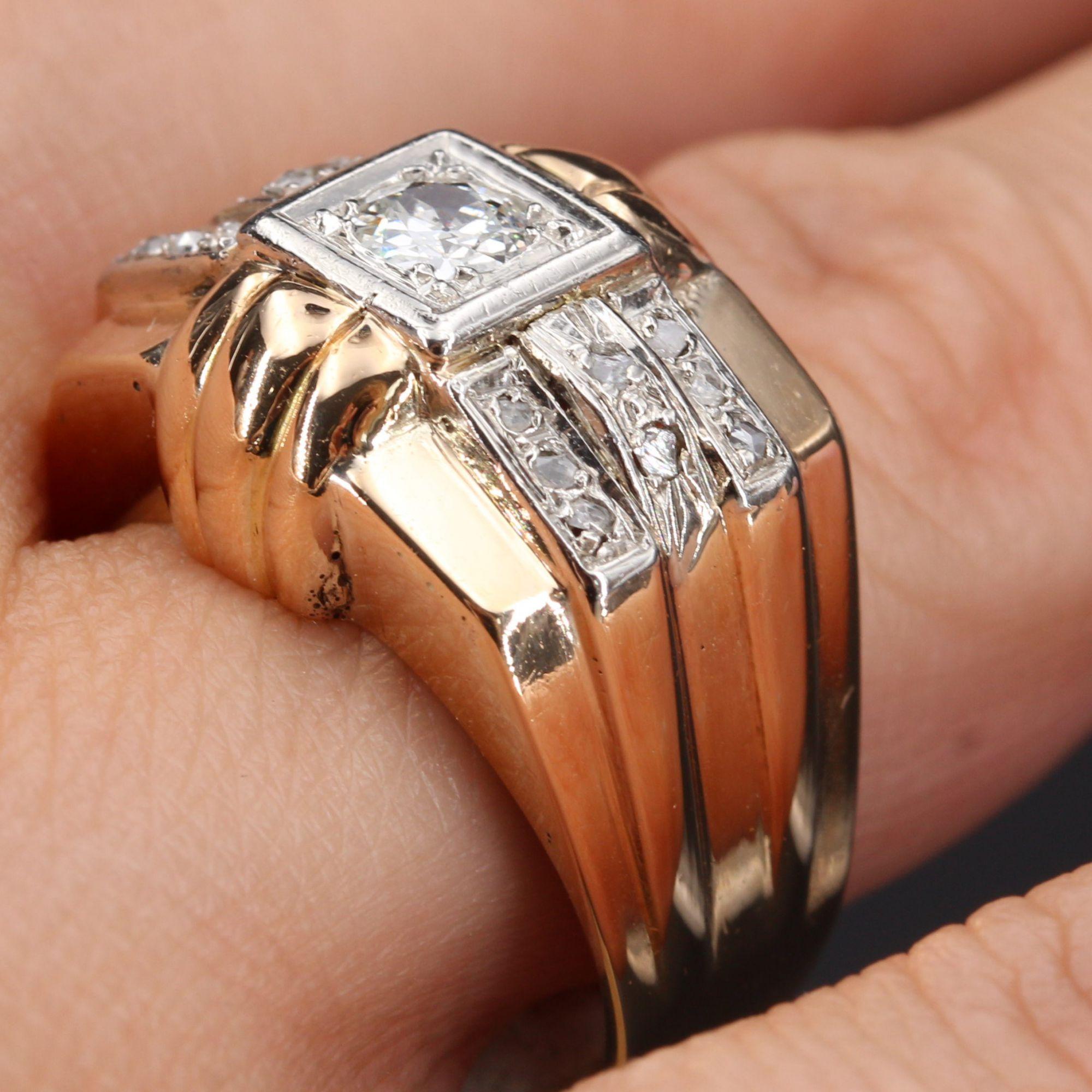 1950s Diamonds 18 Karat Rose Gold Tank Signet Ring 3