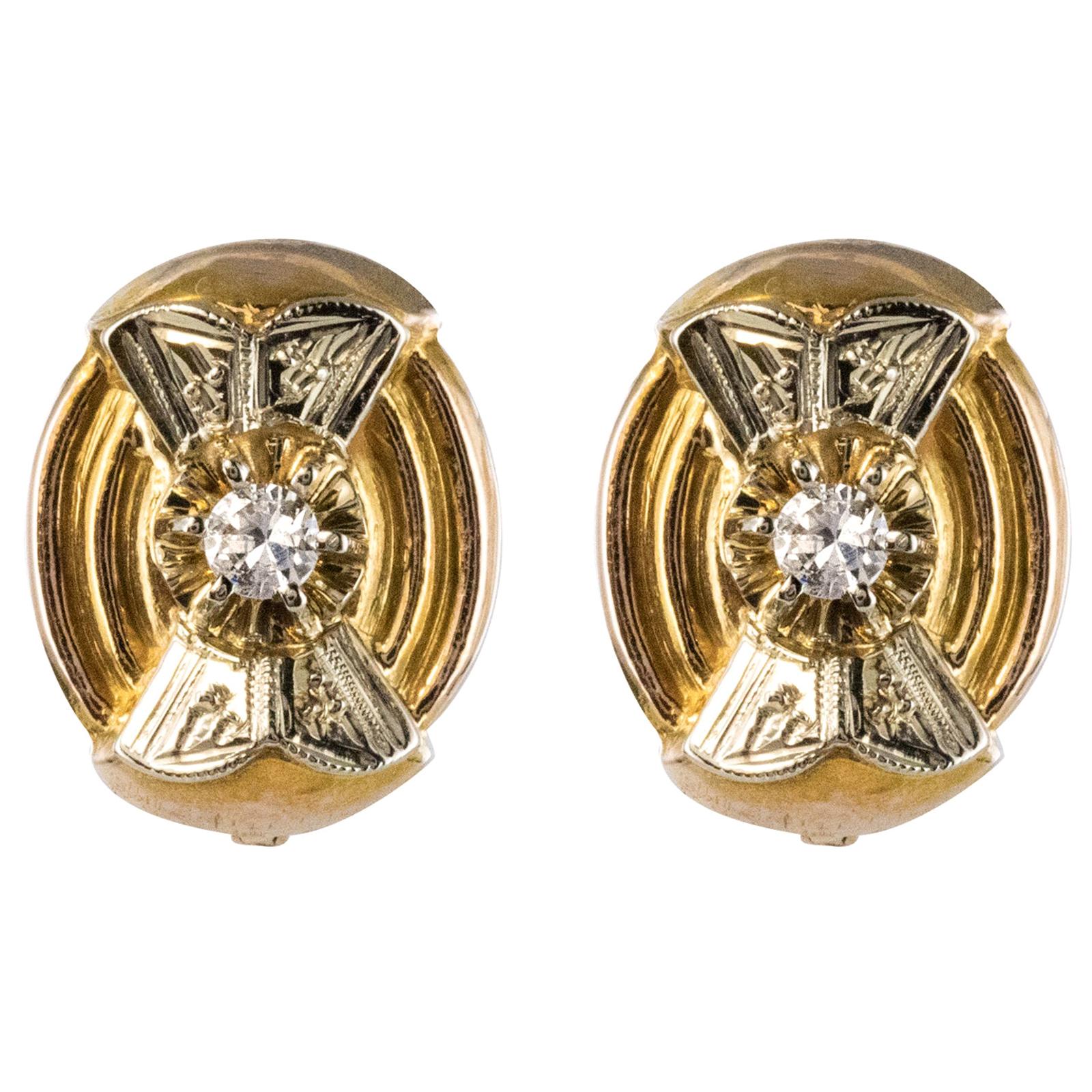 1950s Diamonds 18 Karat Yellow and White Gold Retro Stud Earrings