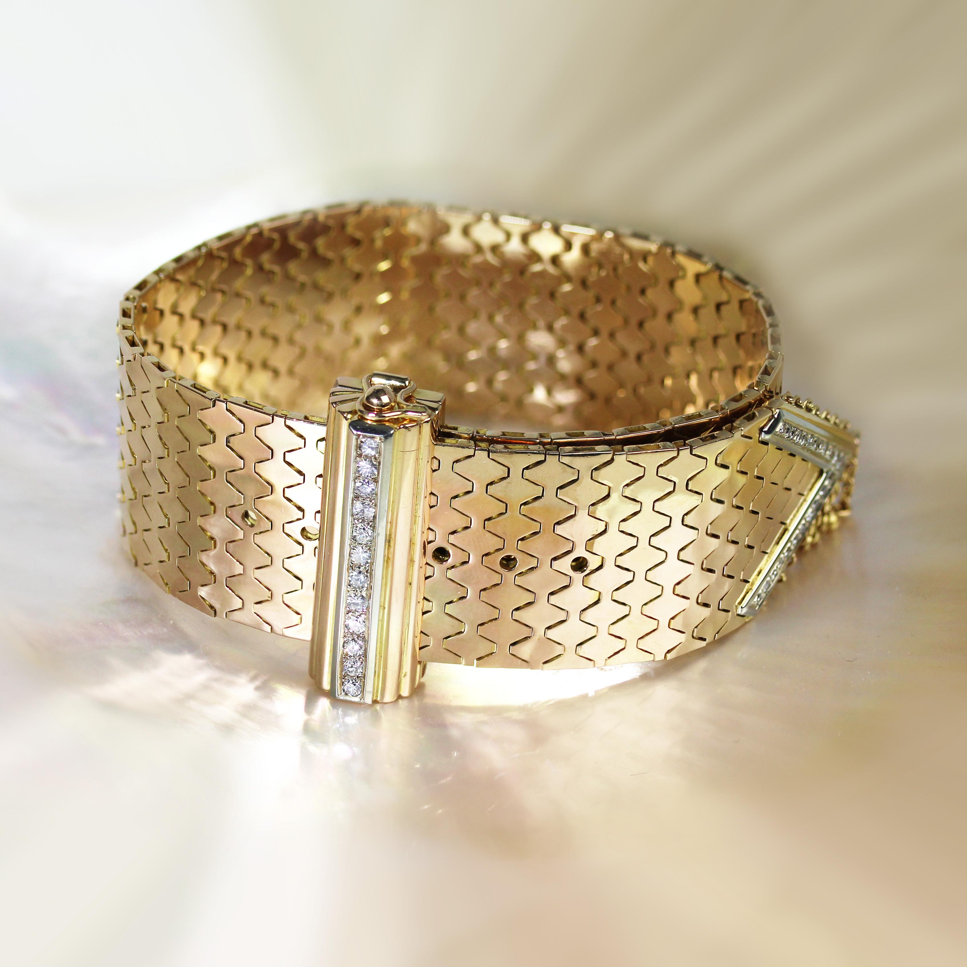 Retro 1950s Diamonds 18 Karat Yellow Gold Belt Bracelet For Sale