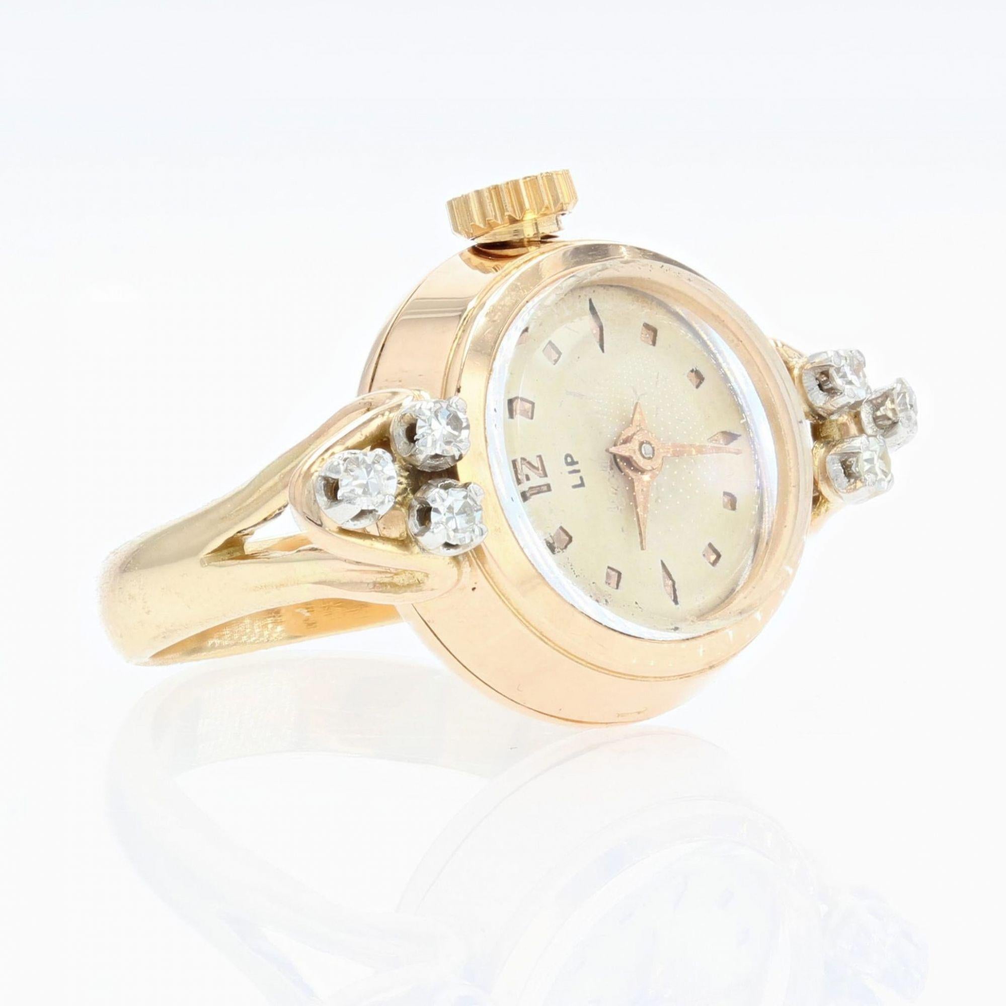 1950s Diamonds 18 Karat Yellow Gold Lip Watch Ring For Sale 3