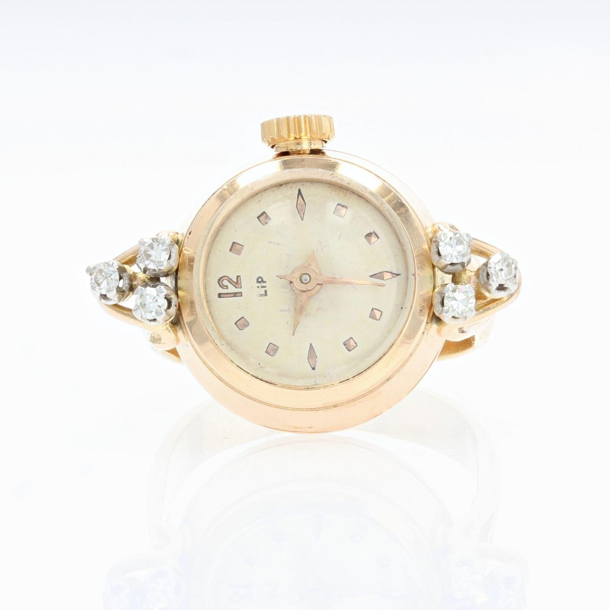 1950er Jahre Diamanten 18 Karat Gelbgold Lippenuhr-Ring (Rundschliff) im Angebot
