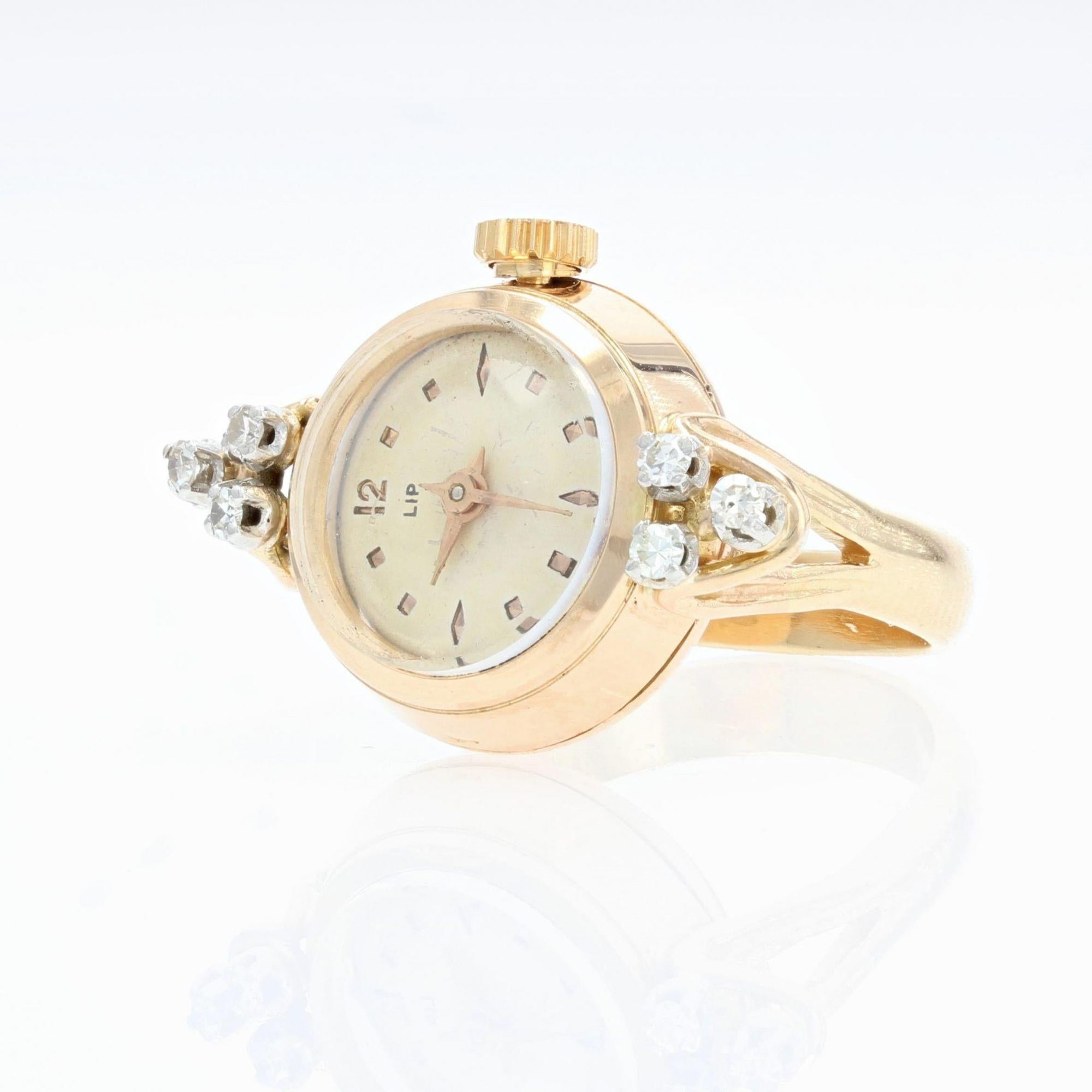 1950s Diamonds 18 Karat Yellow Gold Lip Watch Ring In Good Condition For Sale In Poitiers, FR