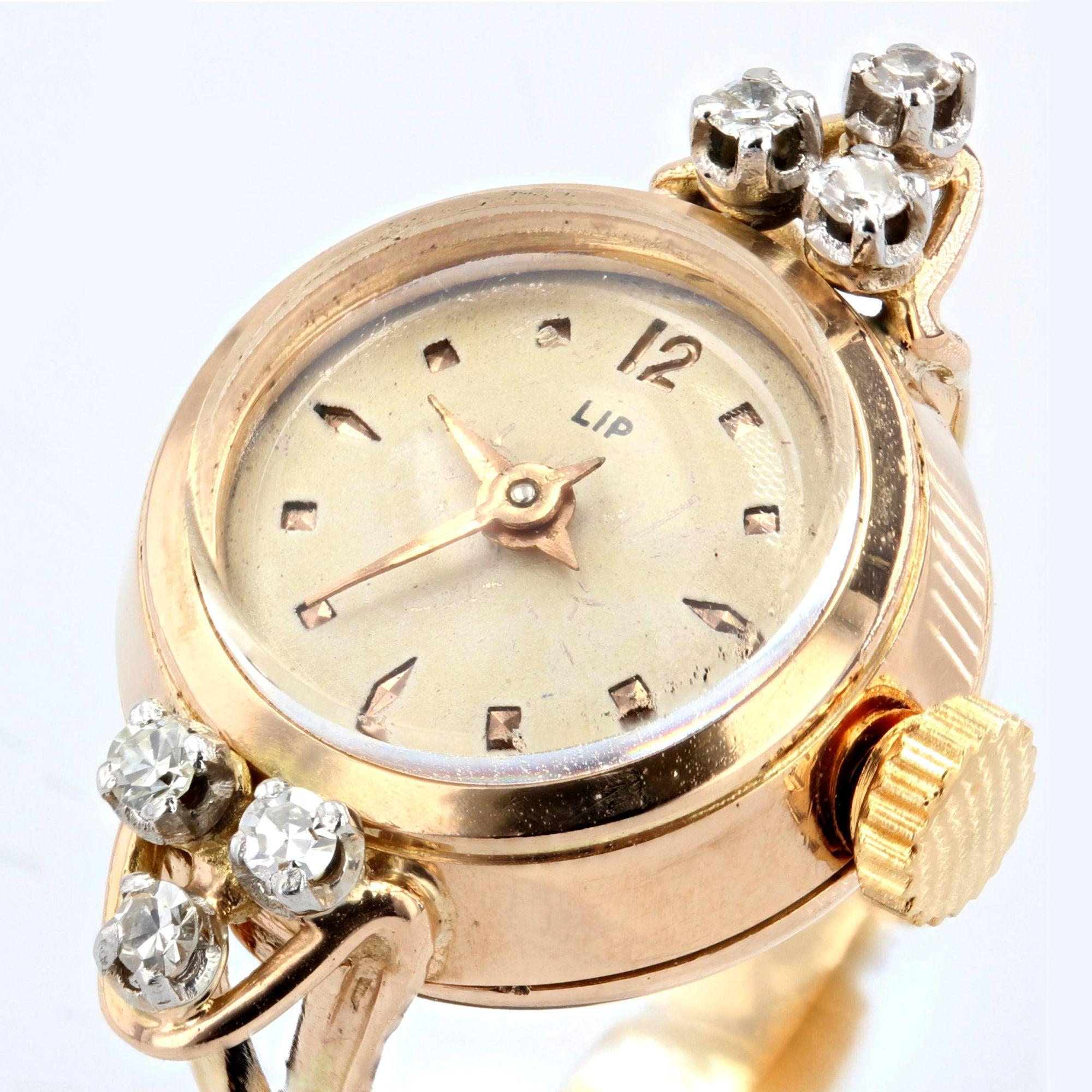 Women's 1950s Diamonds 18 Karat Yellow Gold Lip Watch Ring For Sale