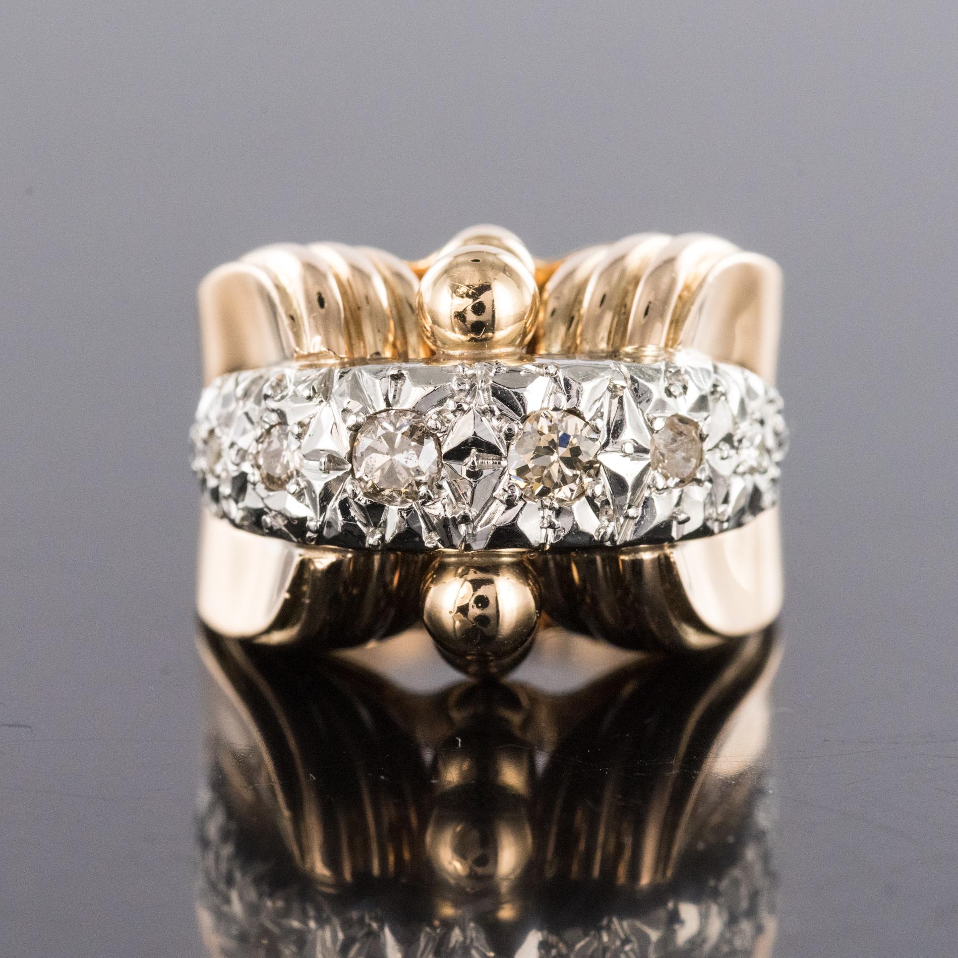 1950s Diamonds 18 Karat Yellow Gold Platinum Retro Ring For Sale 7