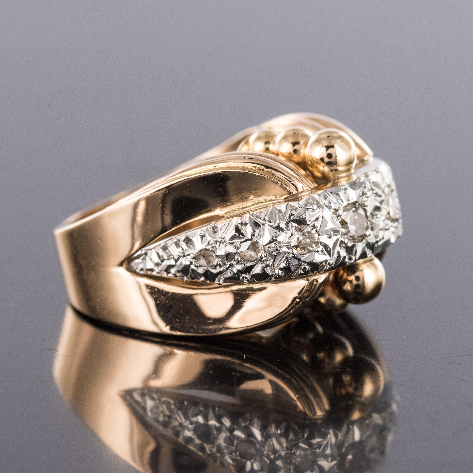 1950s Diamonds 18 Karat Yellow Gold Platinum Retro Ring For Sale 9