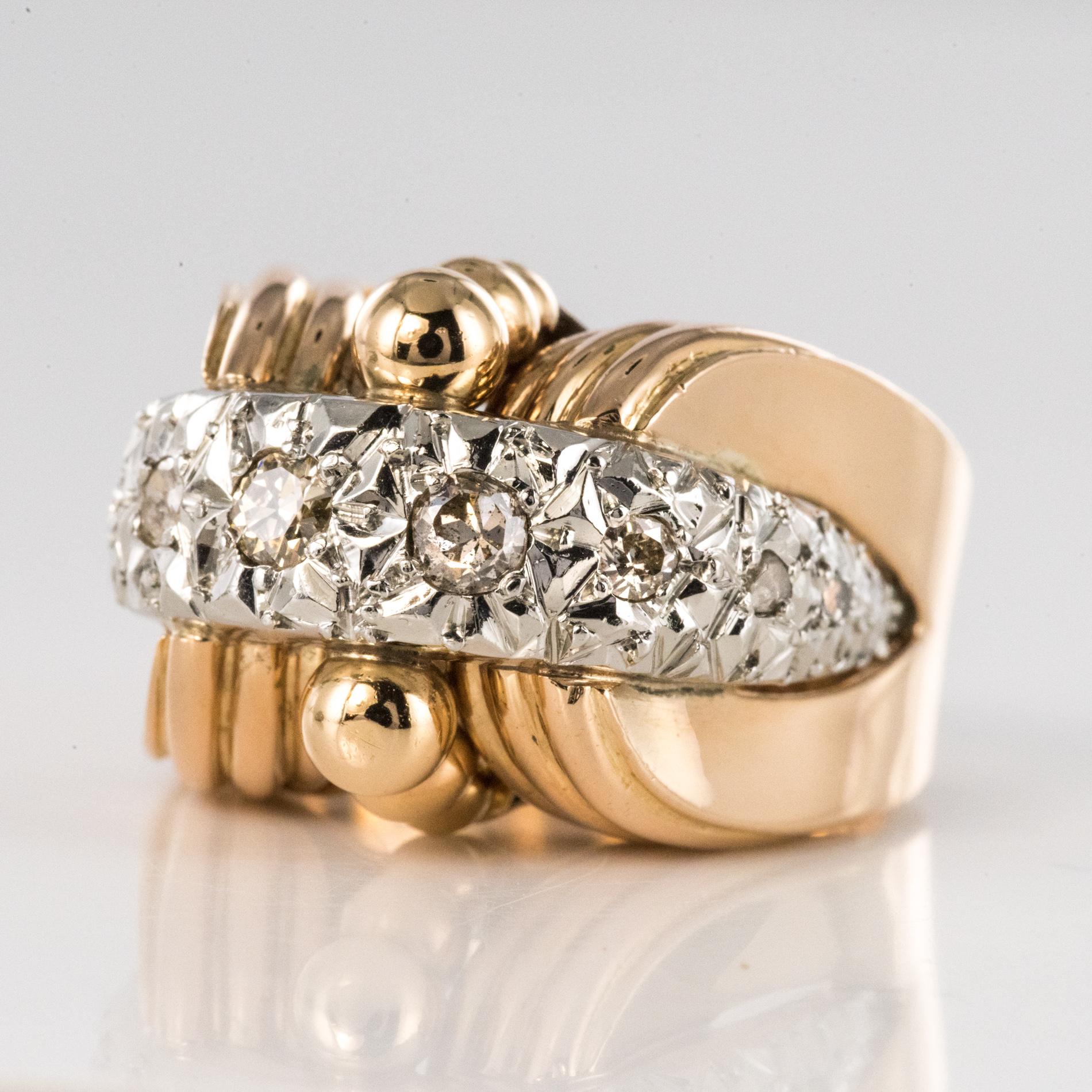 1950s Diamonds 18 Karat Yellow Gold Platinum Retro Ring In Good Condition For Sale In Poitiers, FR
