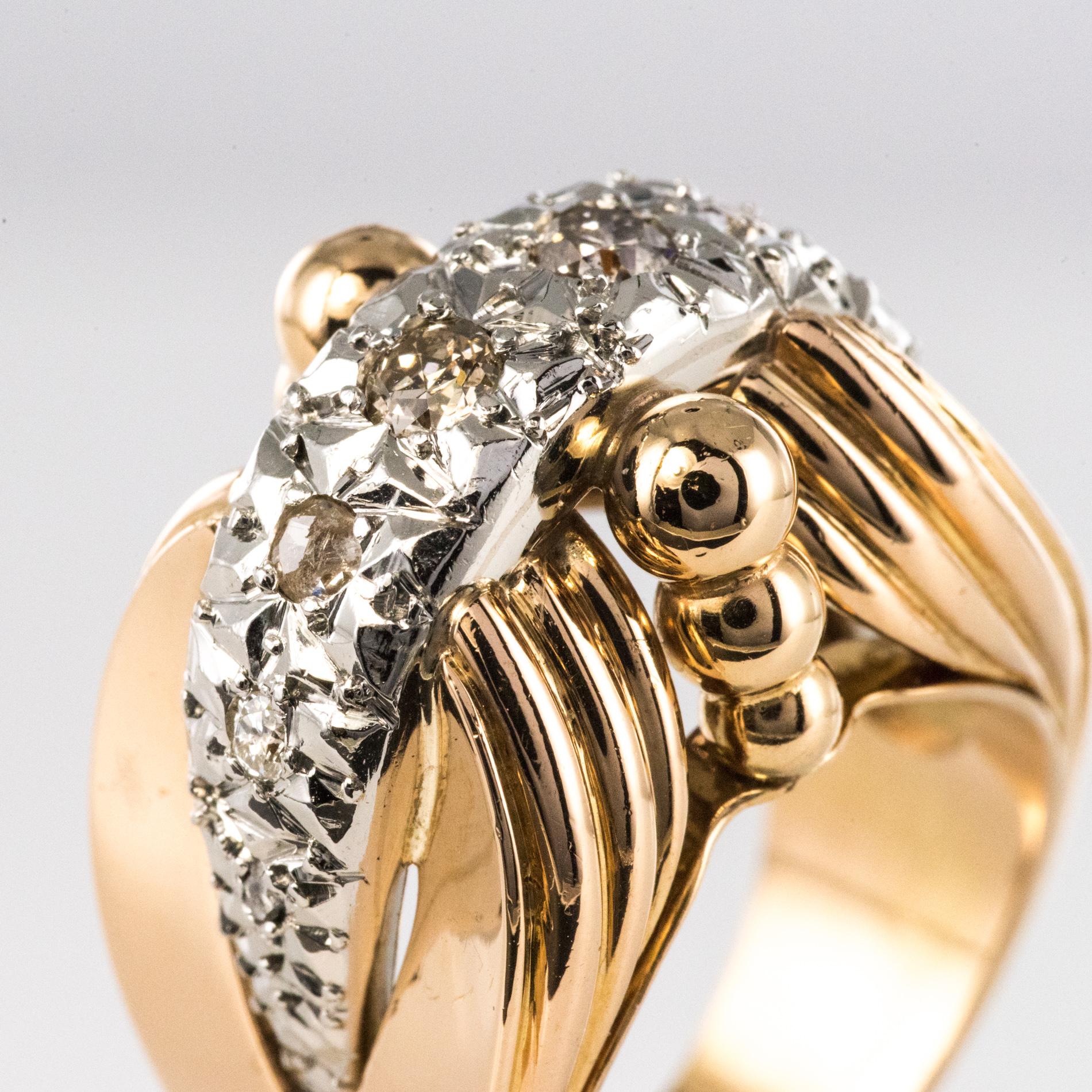 1950s Diamonds 18 Karat Yellow Gold Platinum Retro Ring For Sale 2