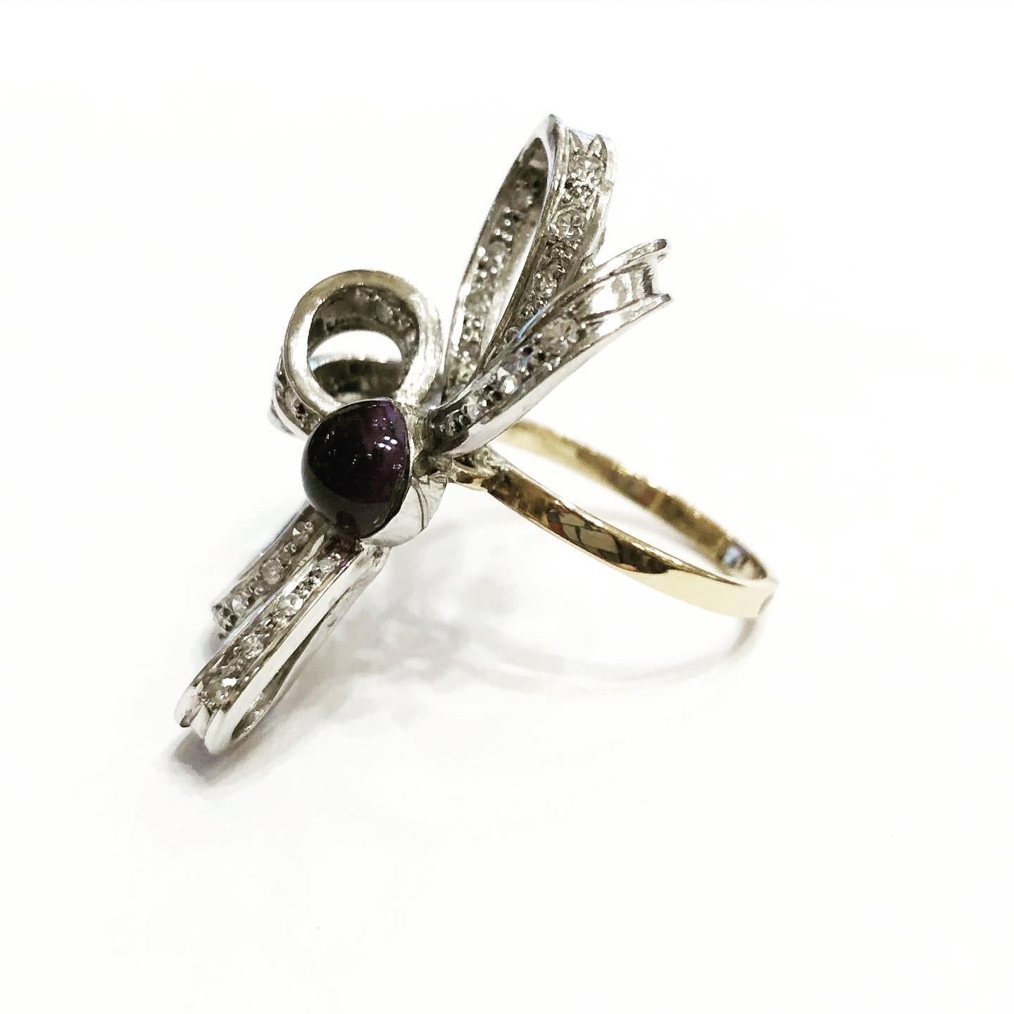 Women's or Men's 1950s Diamonds Amethyst Platinum 18K White Gold Cocktail Ribbon Ring For Sale