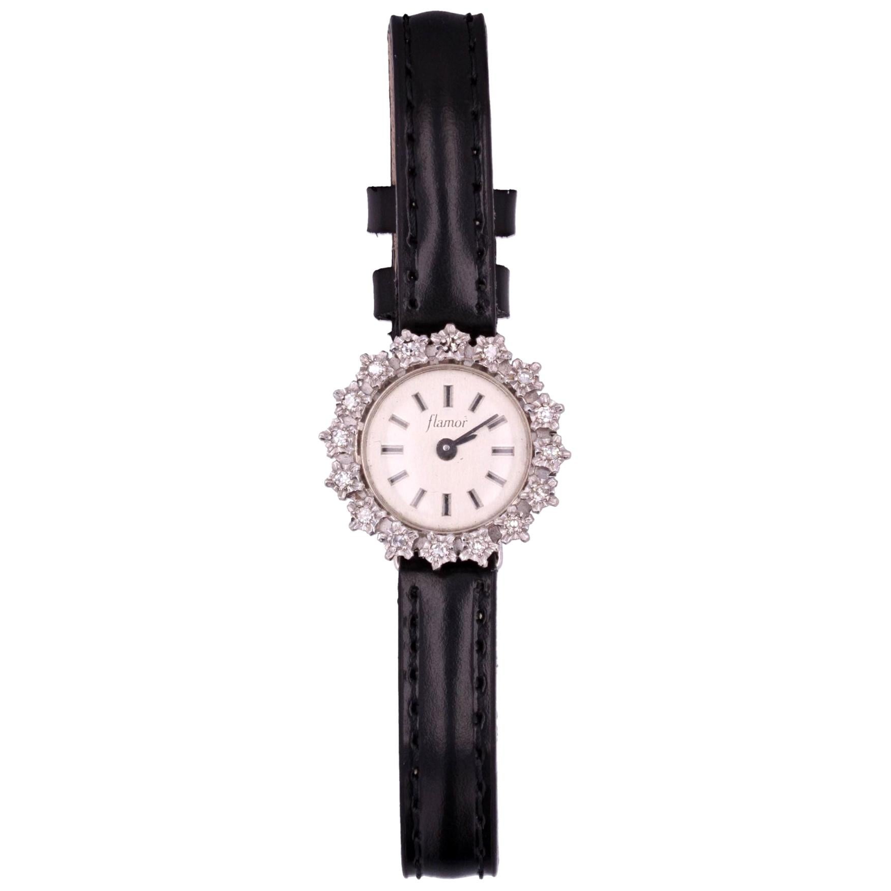1950s Diamonds Leather Bracelet 18 Karat White Gold Flamor Ladies Watch