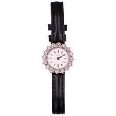 Vintage 1950s Diamonds Leather Bracelet 18 Karat White Gold Flamor Ladies Watch