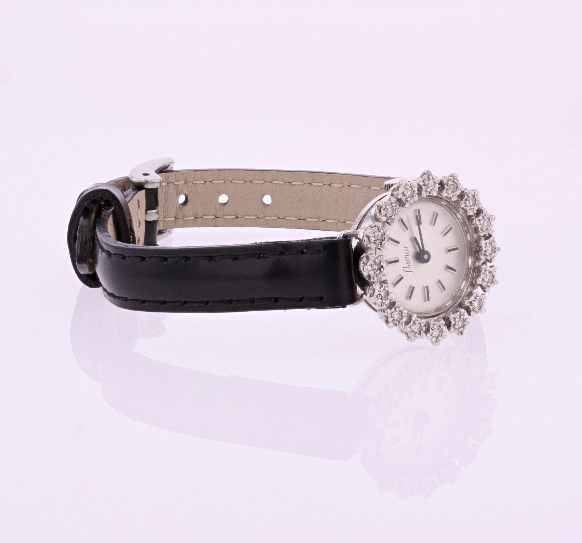 1950s Diamonds Leather Bracelet 18 Karat White Gold Flamor Ladies Watch 1