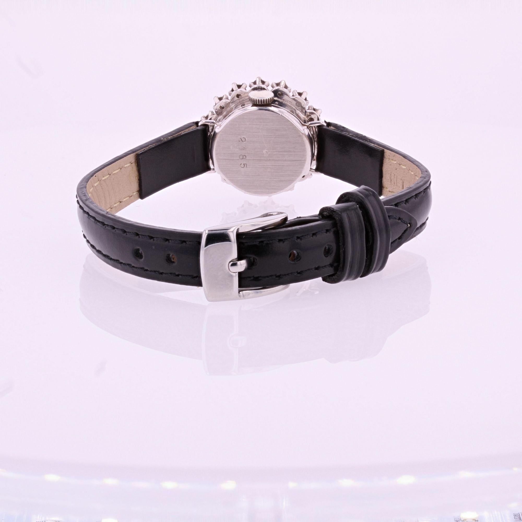1950s Diamonds Leather Bracelet 18 Karat White Gold Flamor Ladies Watch 3