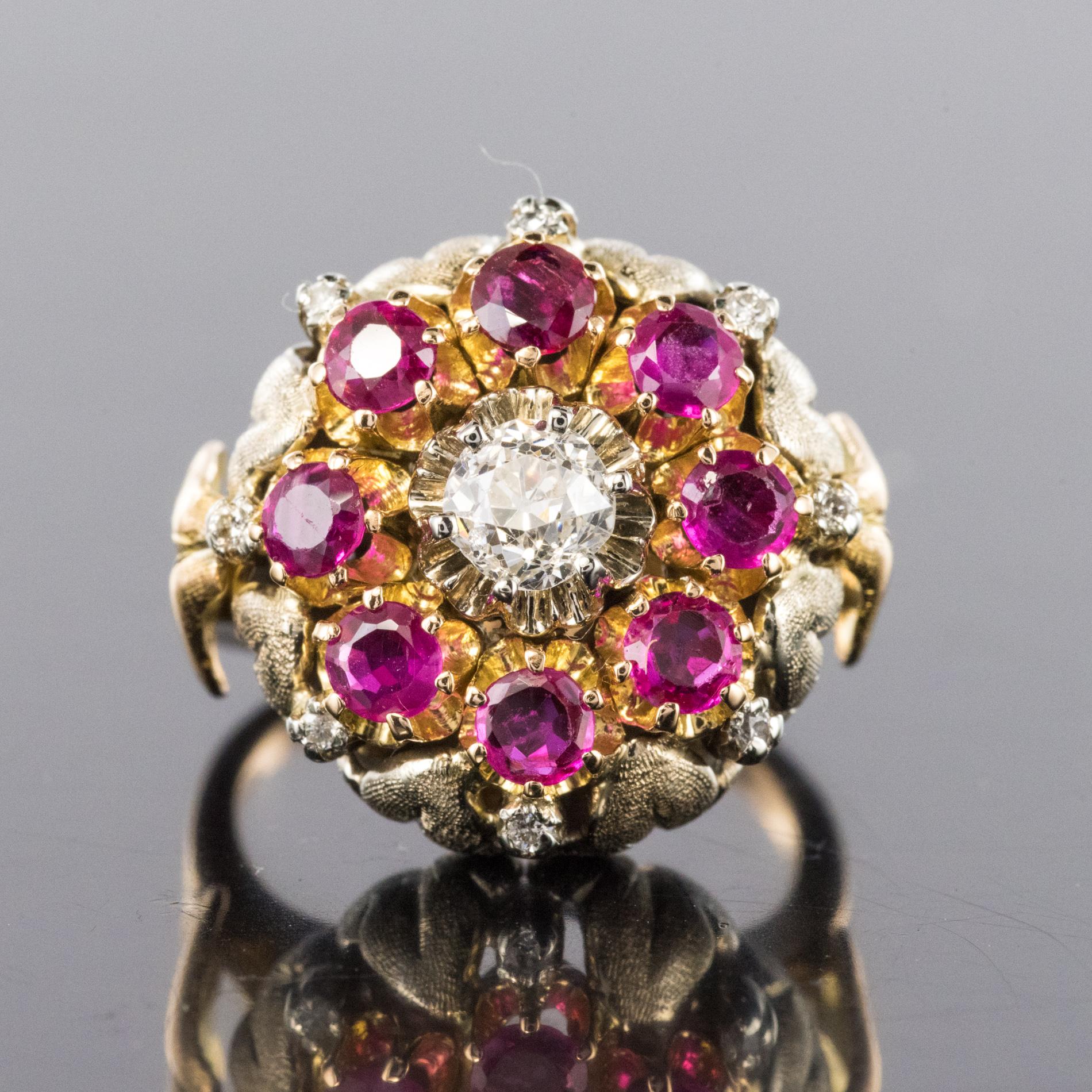 1950s Diamonds Ruby 18 Karat Yellow Gold Flower Ring 5
