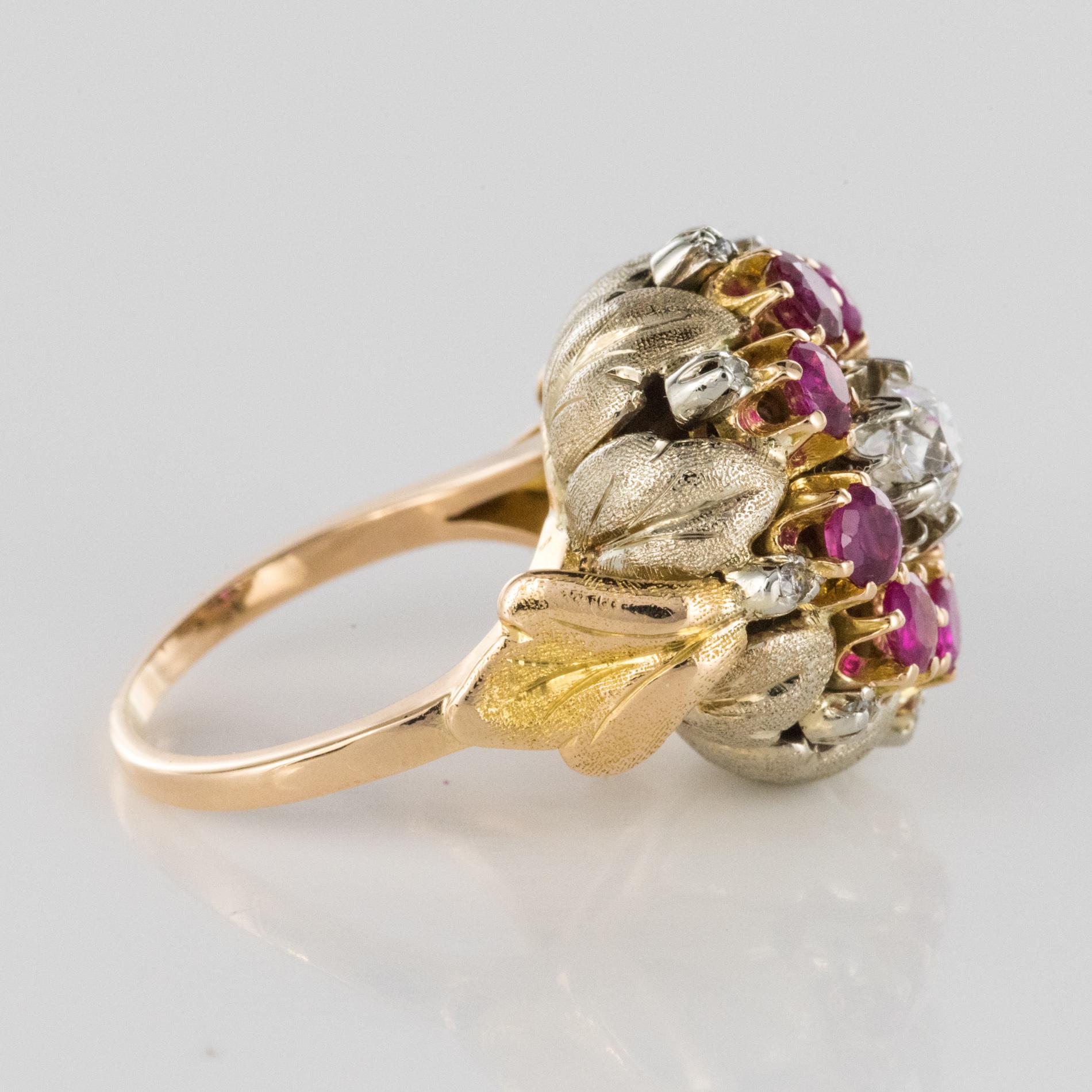 1950s Diamonds Ruby 18 Karat Yellow Gold Flower Ring 7
