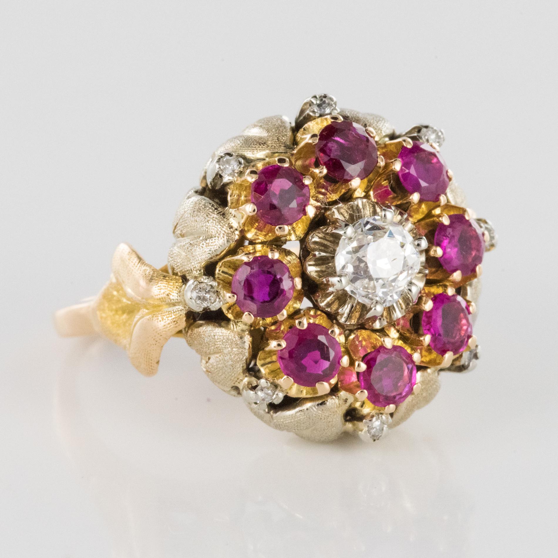 1950s Diamonds Ruby 18 Karat Yellow Gold Flower Ring 9