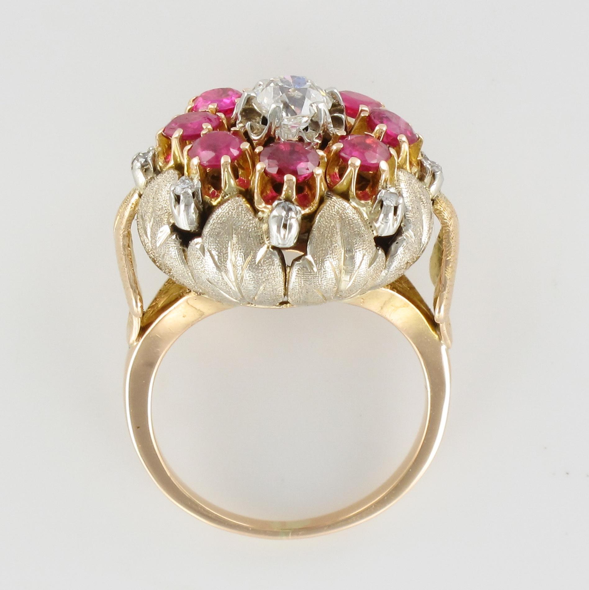 1950s Diamonds Ruby 18 Karat Yellow Gold Flower Ring 10