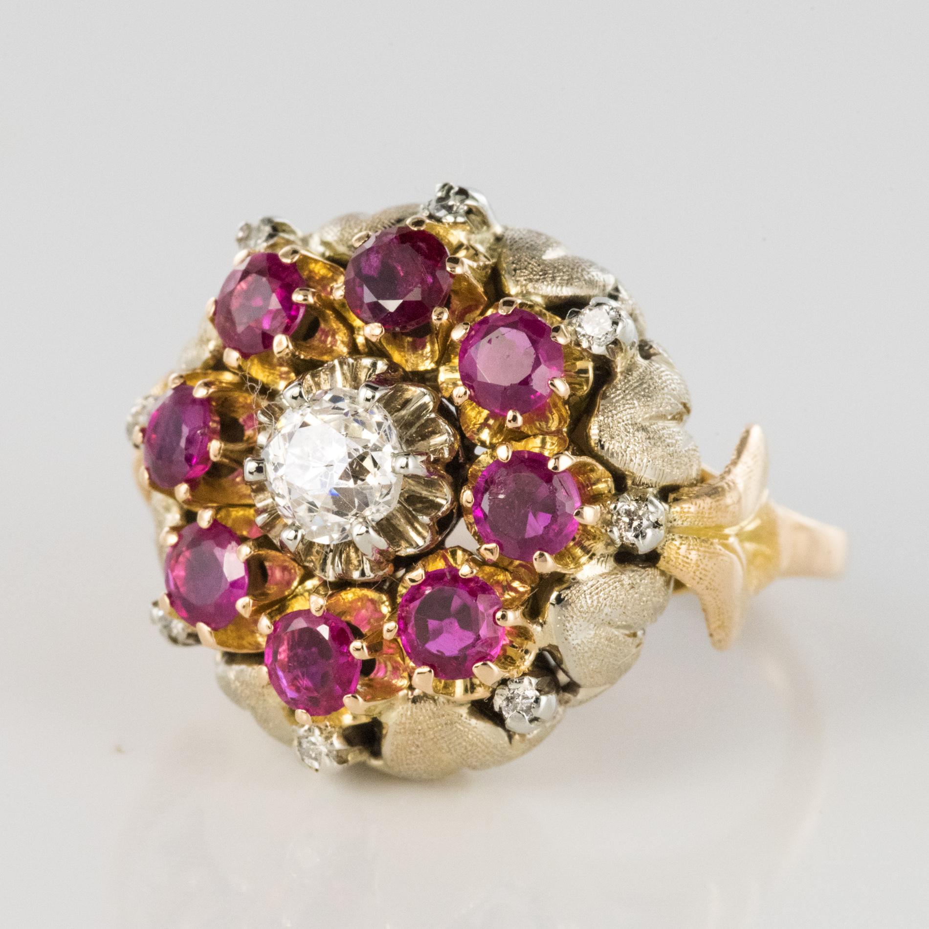 Retro 1950s Diamonds Ruby 18 Karat Yellow Gold Flower Ring