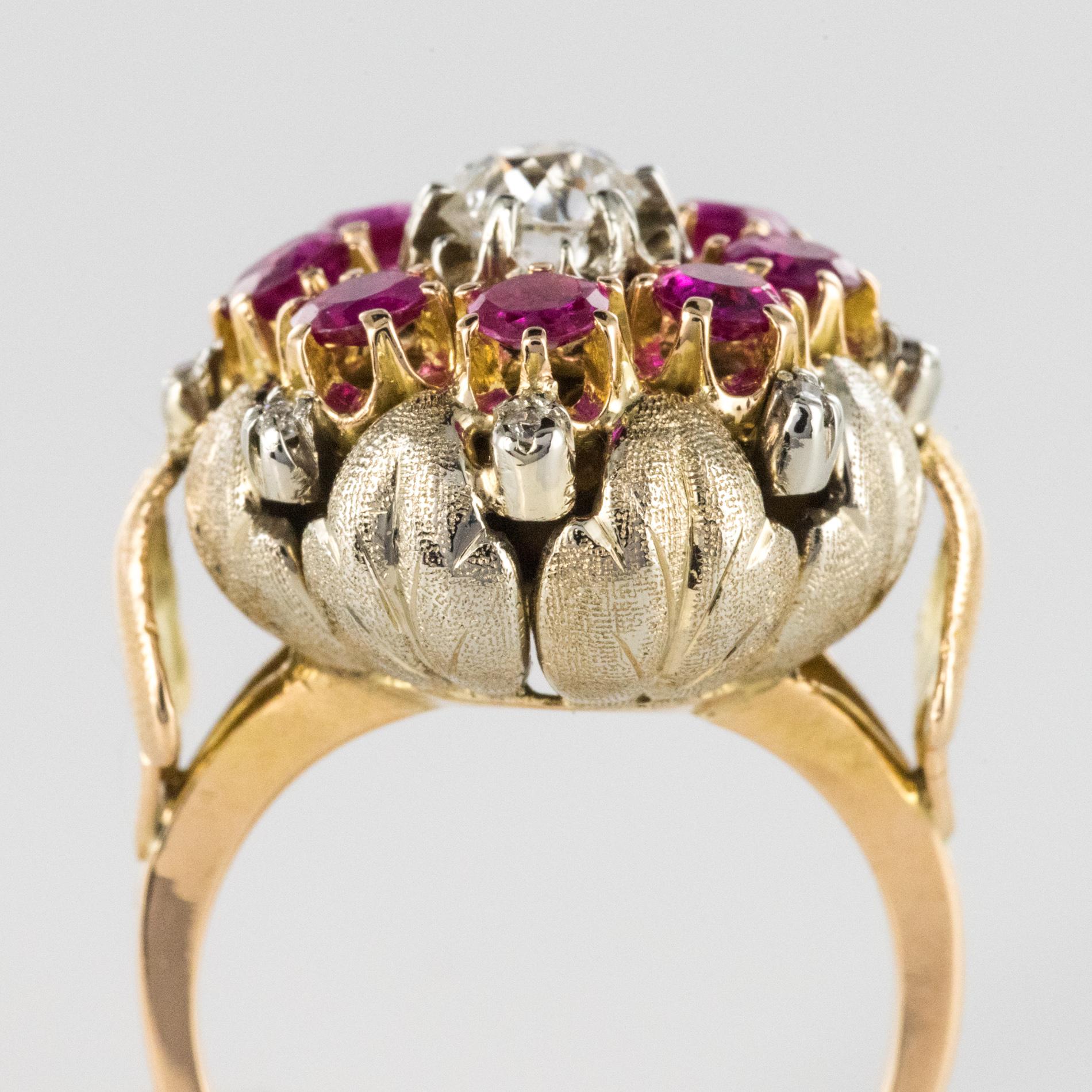 1950s Diamonds Ruby 18 Karat Yellow Gold Flower Ring 1