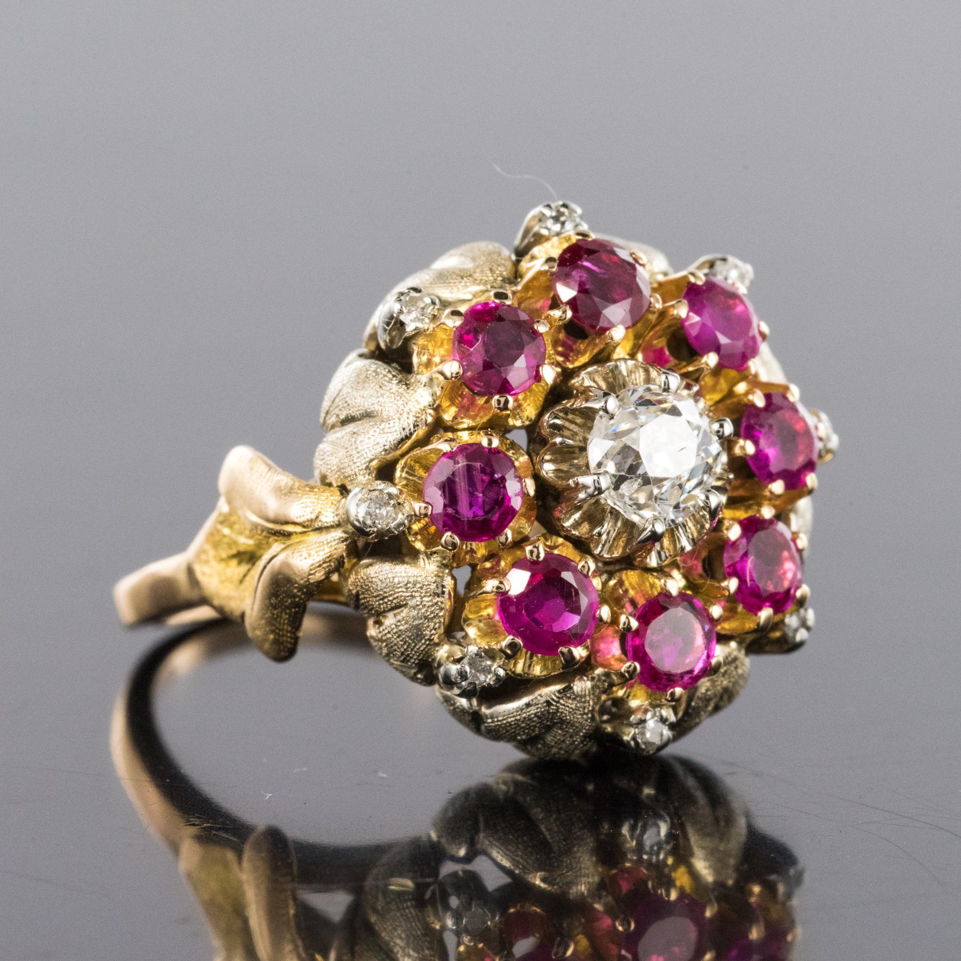 1950s Diamonds Ruby 18 Karat Yellow Gold Flower Ring 3