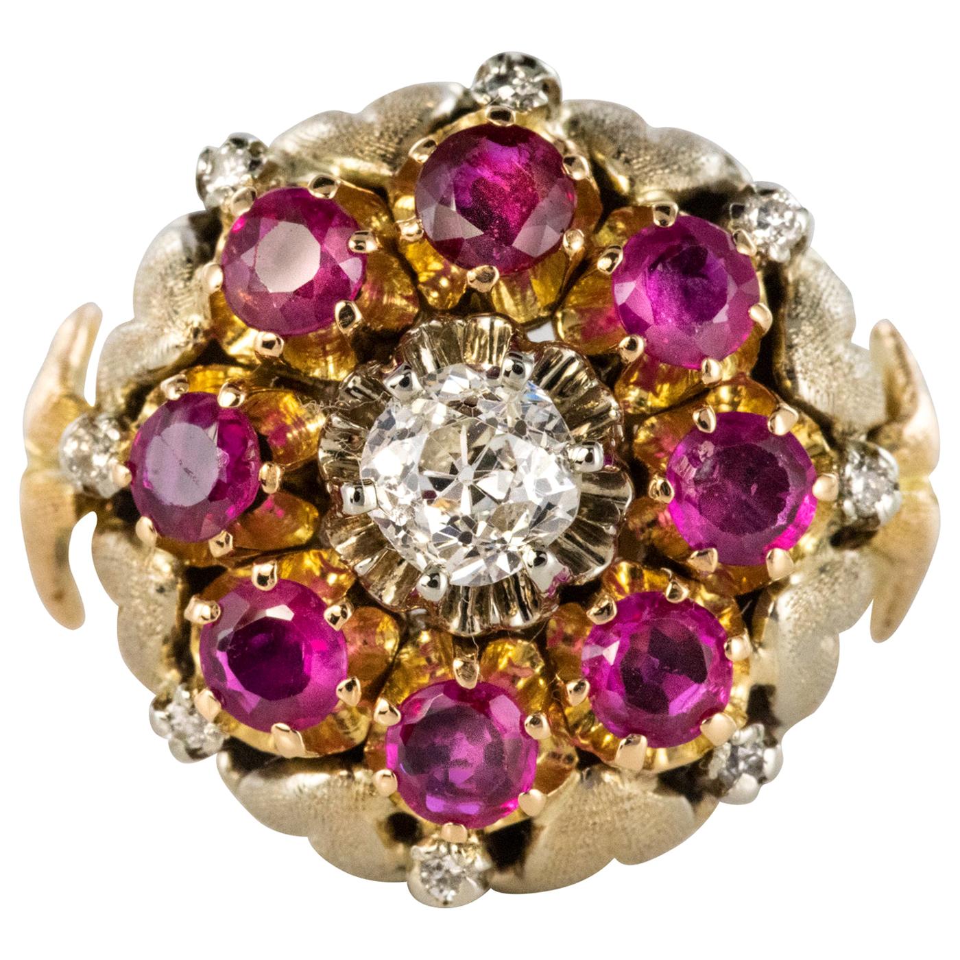1950s Diamonds Ruby 18 Karat Yellow Gold Flower Ring