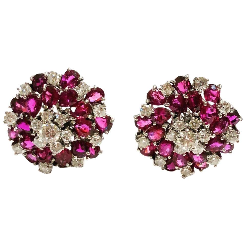 Magnificent Pair Large Faux Burma Ruby Diamond Earrings For Sale at ...