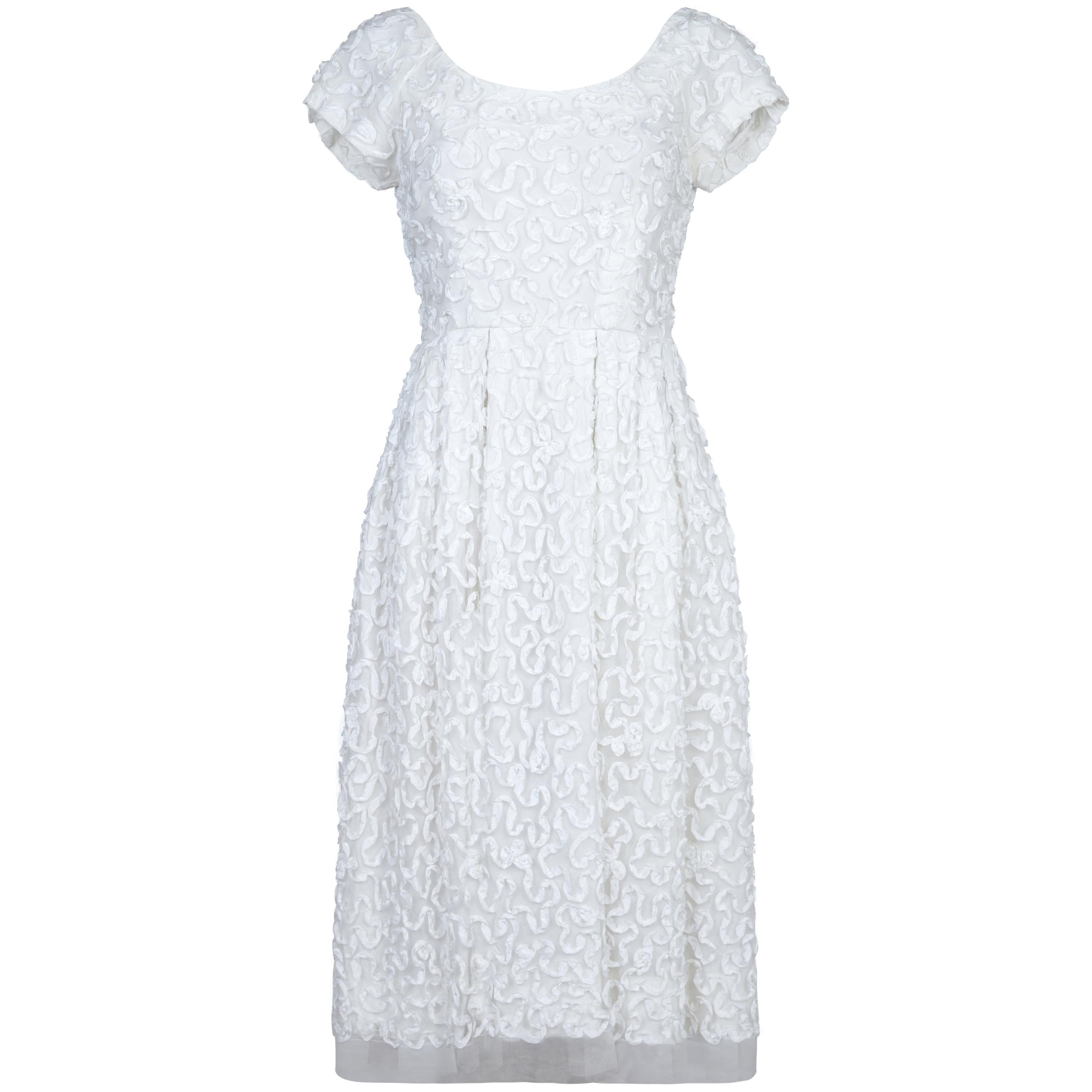 1950s Diana Warren White Tulle Dress With Ribbon Appliqué For Sale