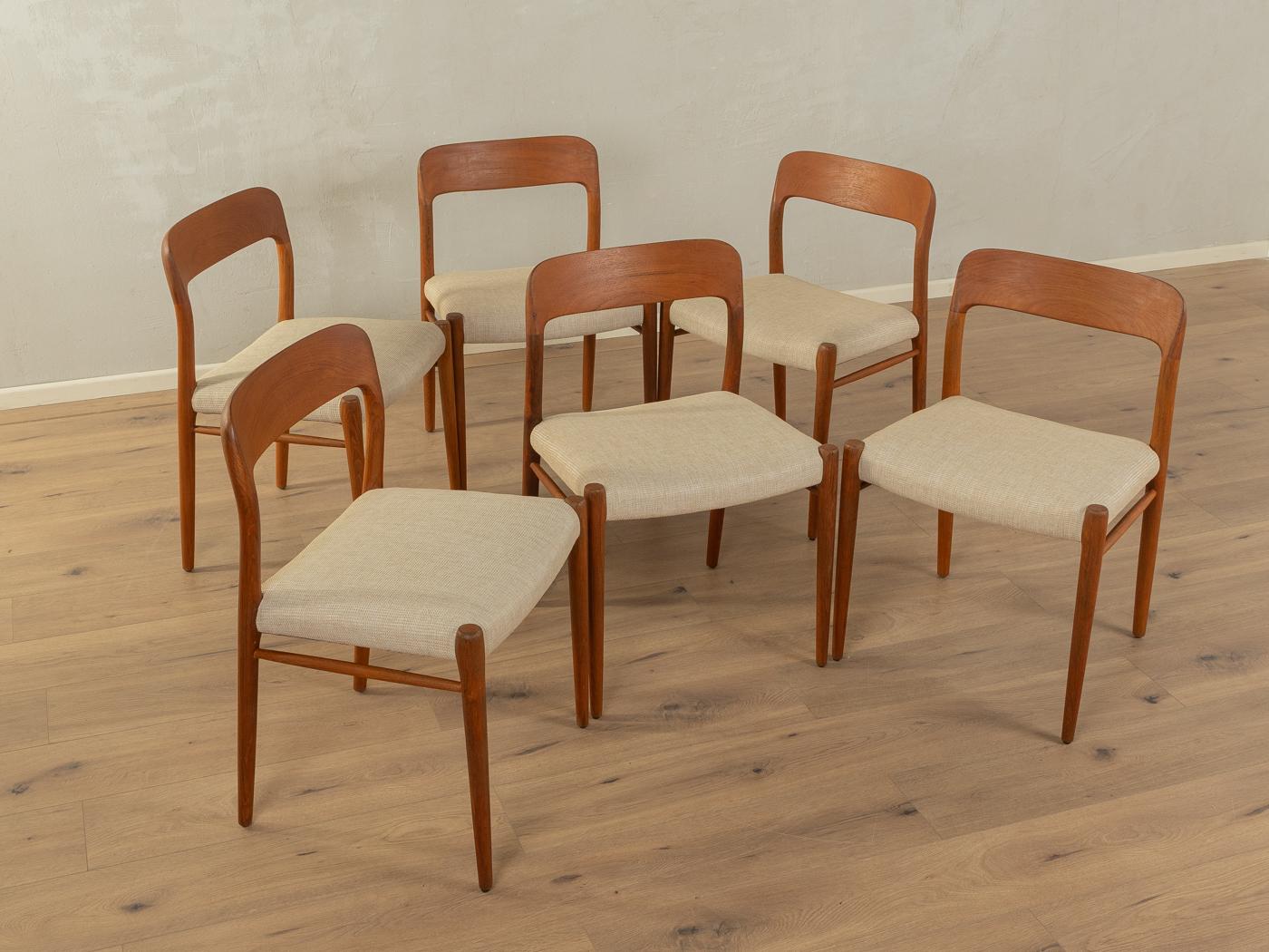 Classic dining chairs from the 1950s, Model. 75, by Niels O. Møller. Solid teak frame. The chairs have been reupholstered and covered with a high-quality fabric in beige. The offer includes 6 chairs.
Quality Features:

    accomplished design: