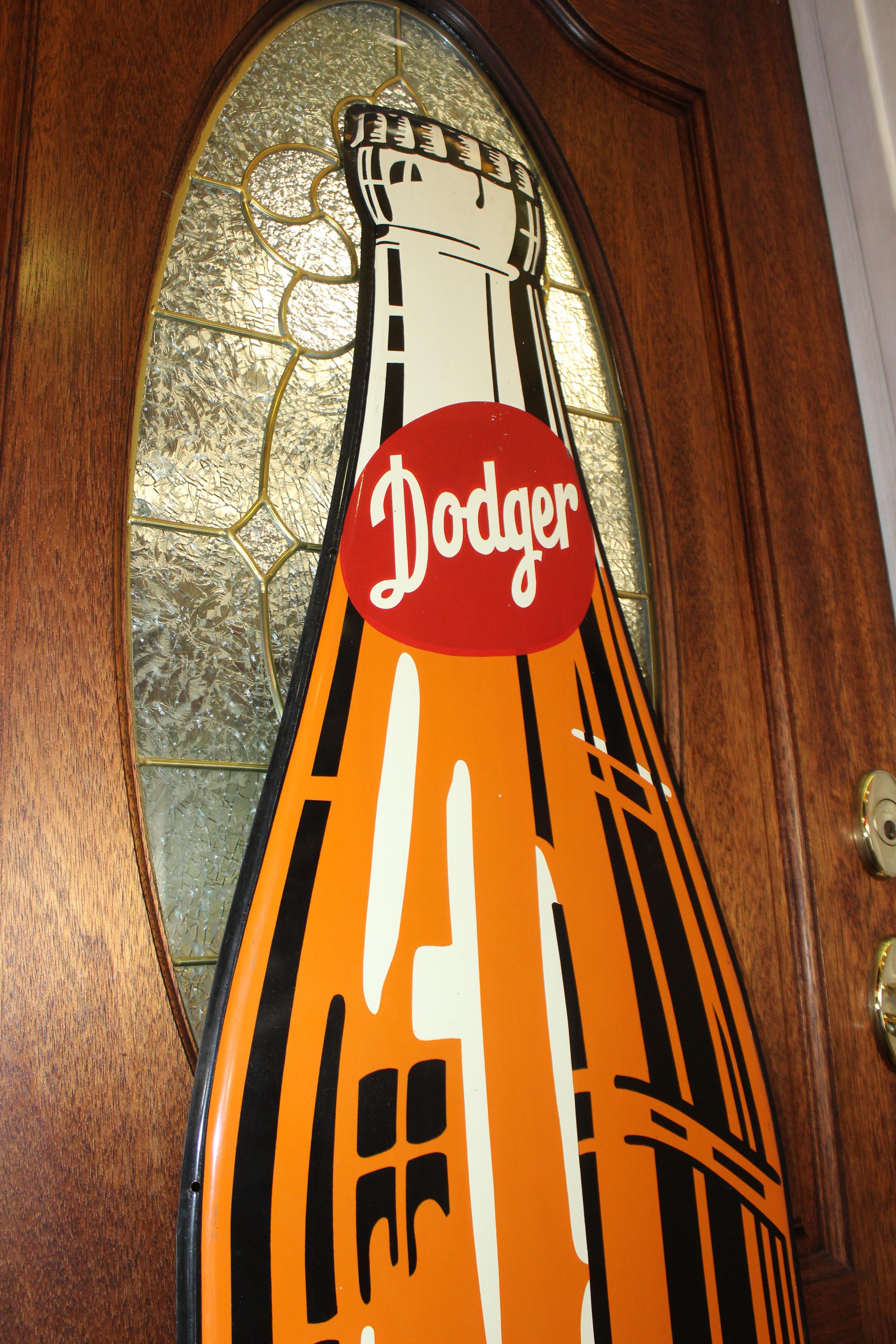 1950s Dodger Beverage Cola Die-Cut Bottle Tin Advertising Sign NOS For Sale 6