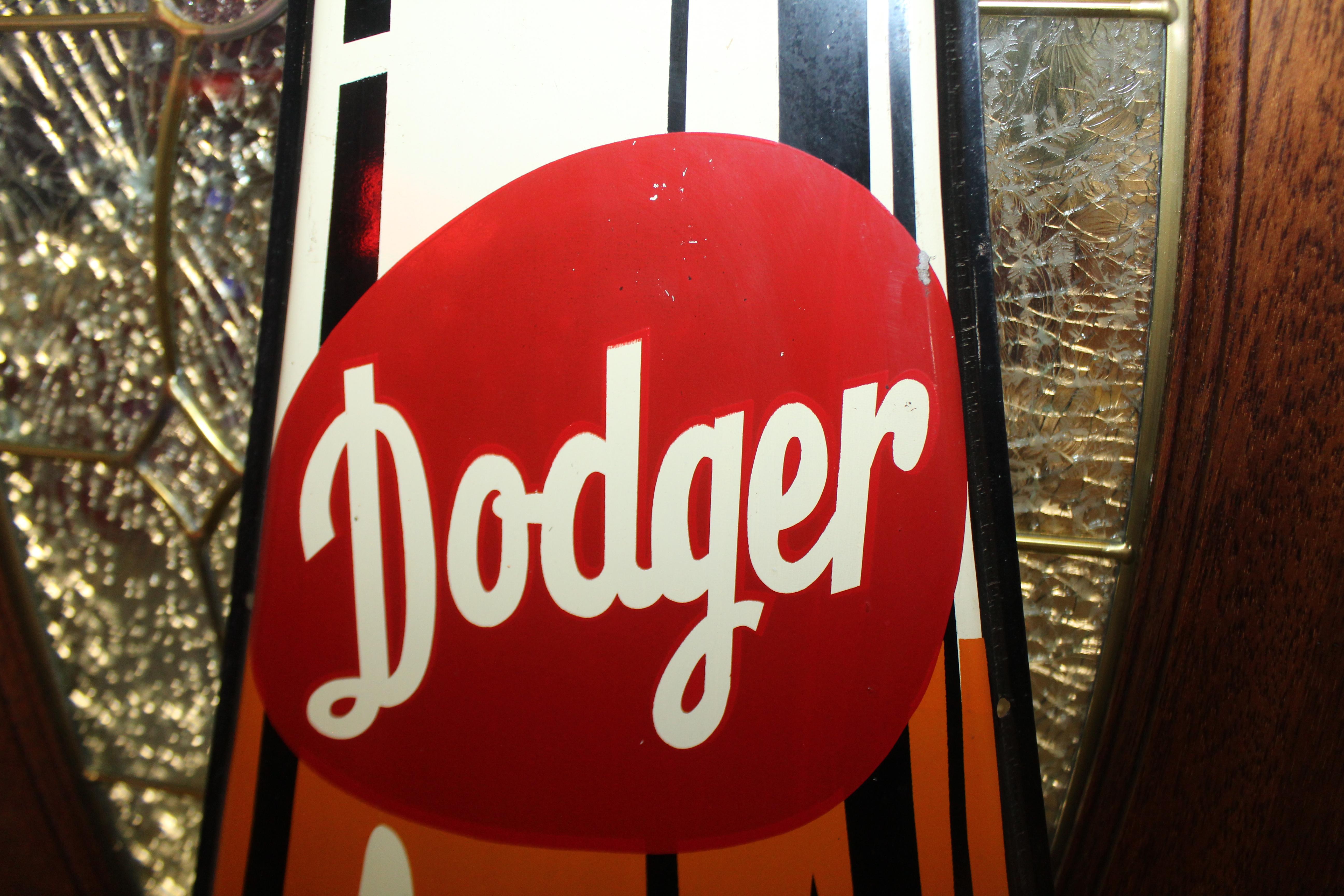 1950s Dodger Beverage Cola Die-Cut Bottle Tin Advertising Sign NOS For Sale 8
