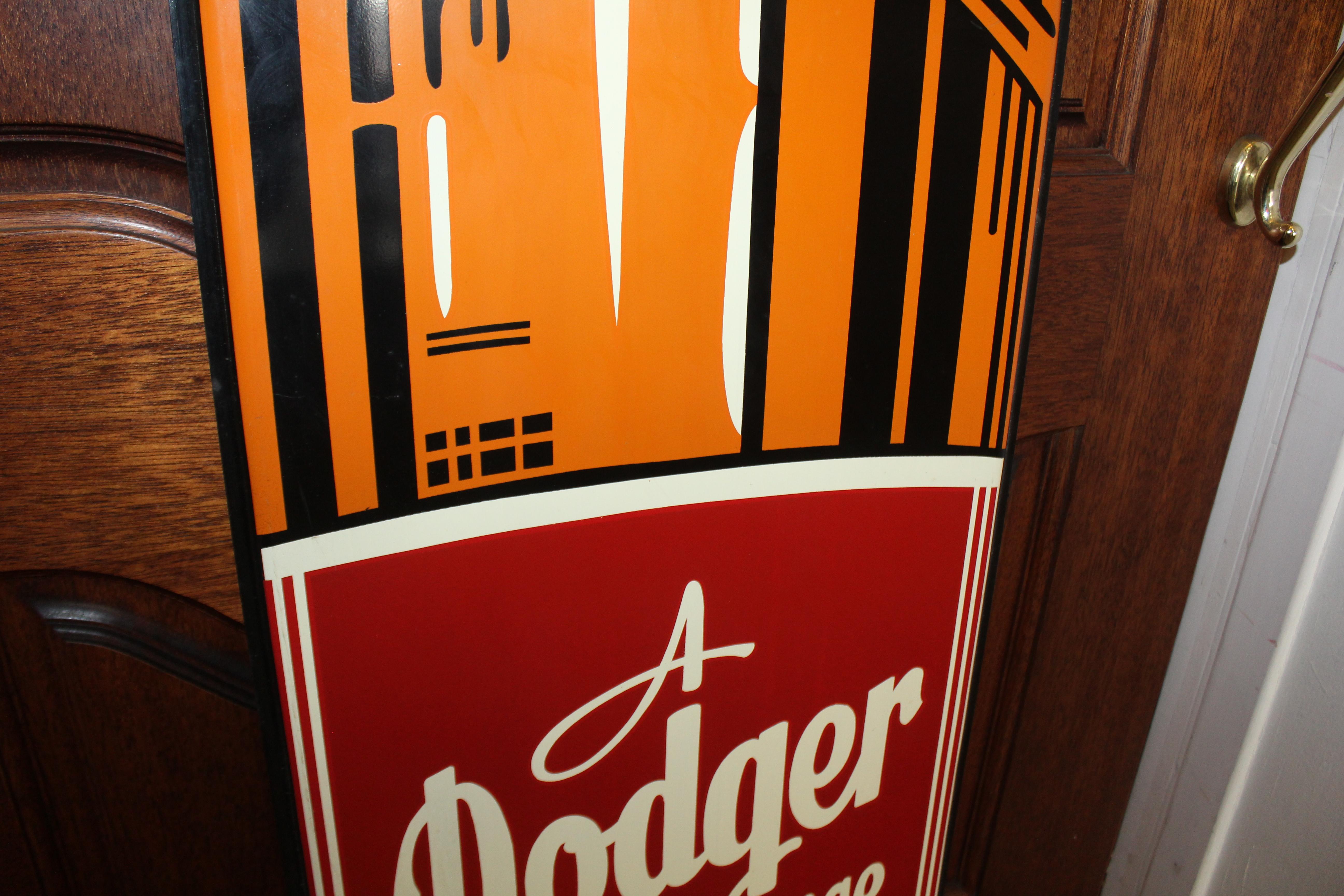 1950s Dodger Beverage Cola Die-Cut Bottle Tin Advertising Sign NOS In Good Condition For Sale In Orange, CA