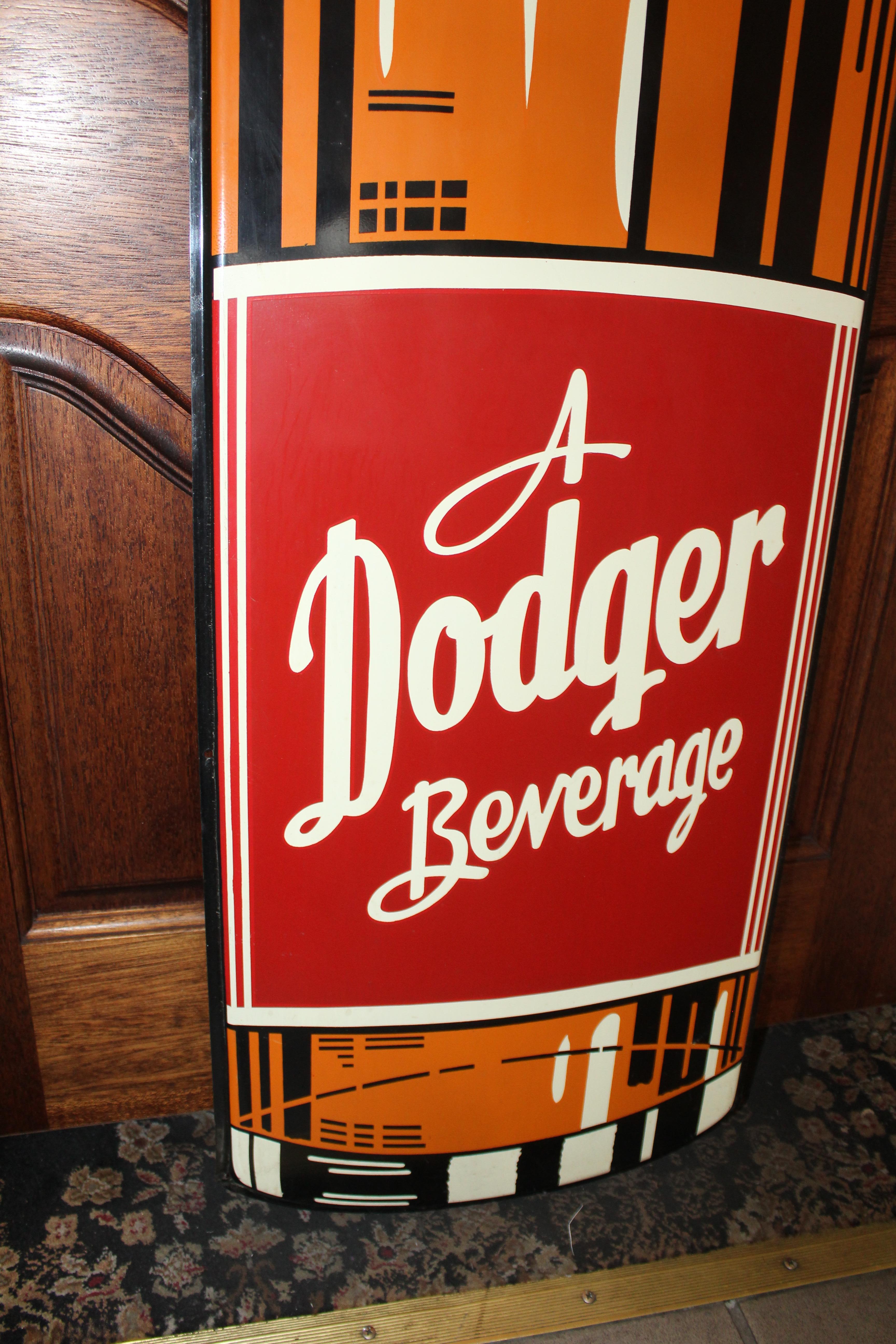 Mid-20th Century 1950s Dodger Beverage Cola Die-Cut Bottle Tin Advertising Sign NOS For Sale