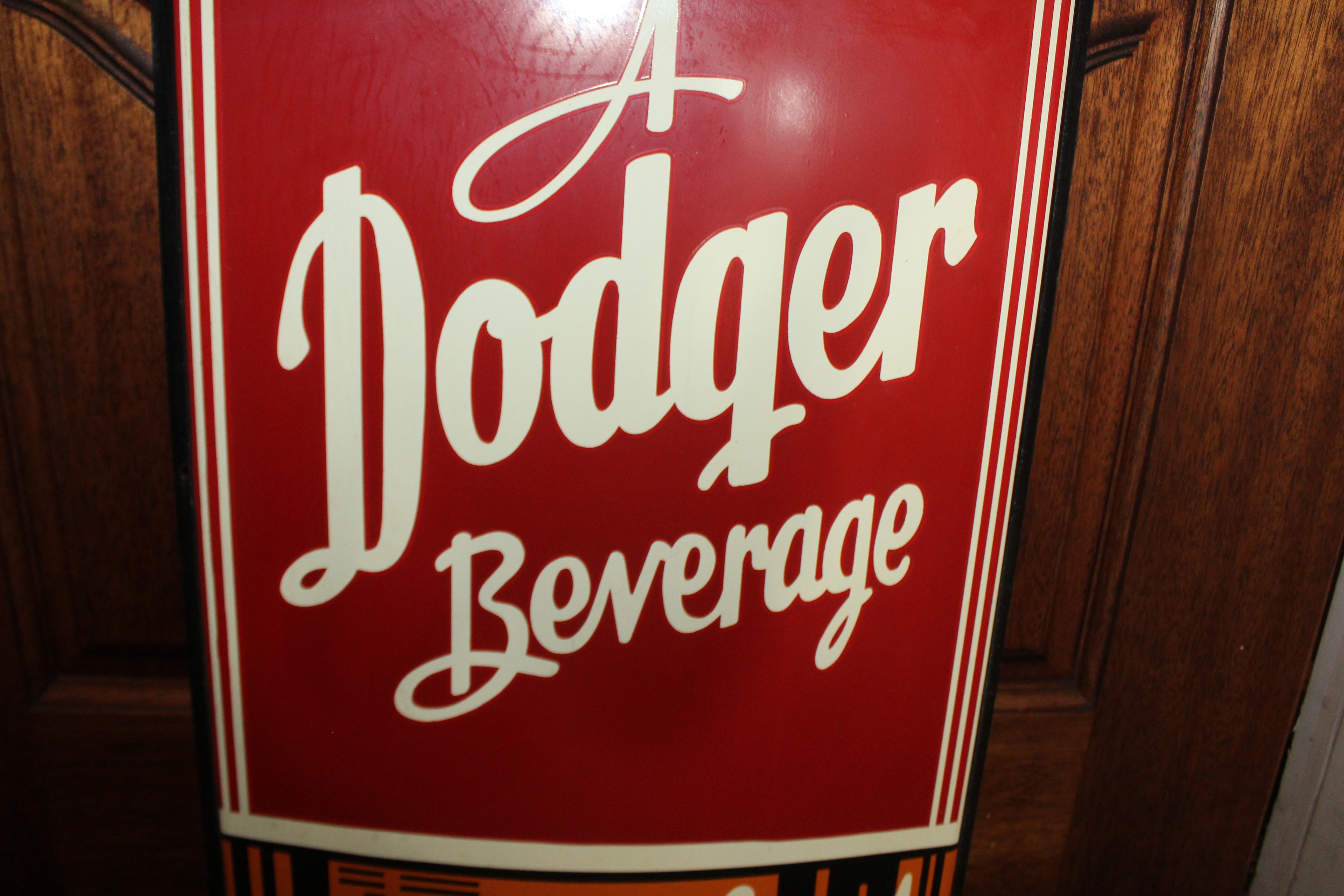 1950s Dodger Beverage Cola Die-Cut Bottle Tin Advertising Sign NOS For Sale 2