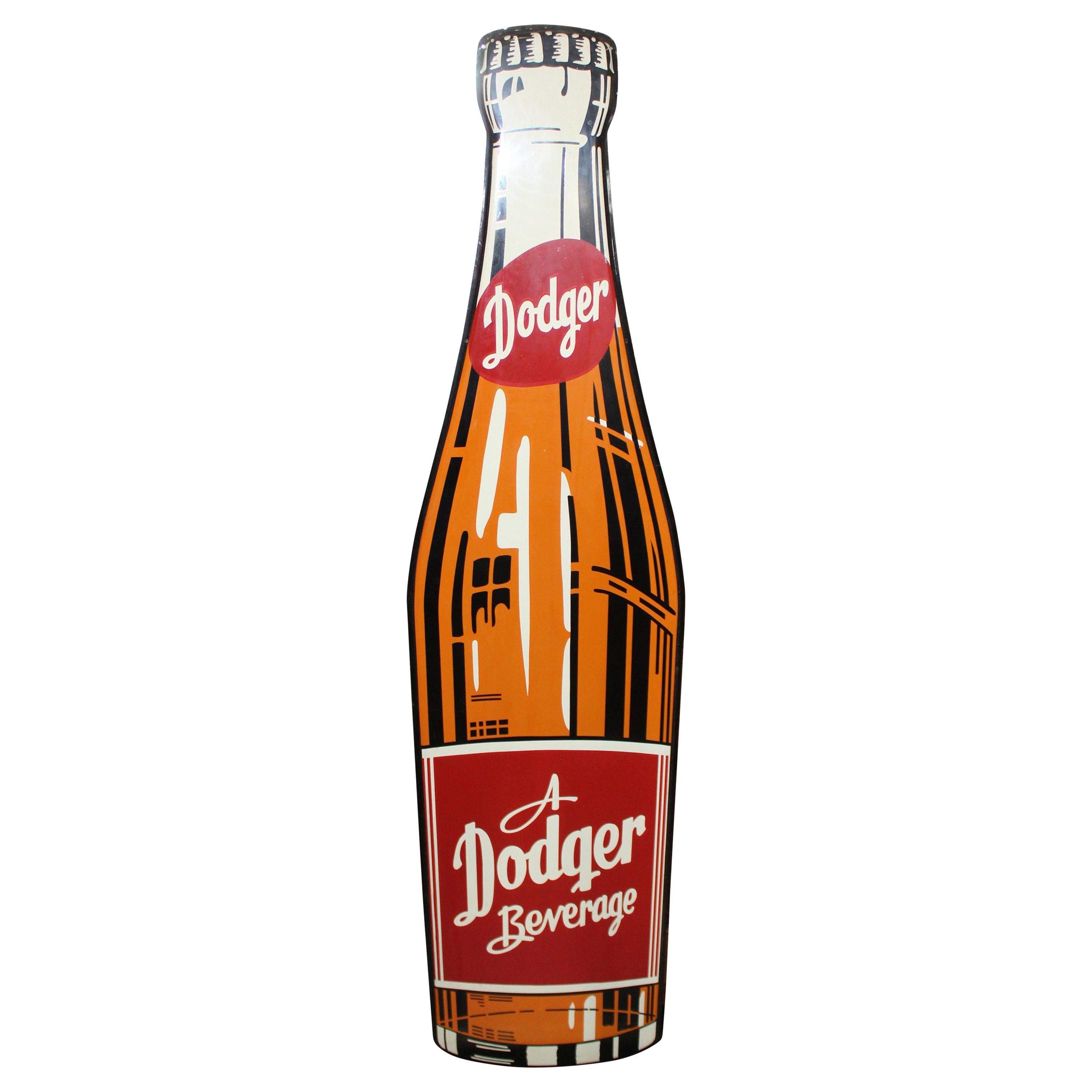 1950s Dodger Beverage Cola Die-Cut Bottle Tin Advertising Sign NOS For Sale