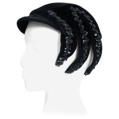 Vintage 1950's Dolly Madison Black Velour Sequin Corded Novelty Spider Asymmetric Hat