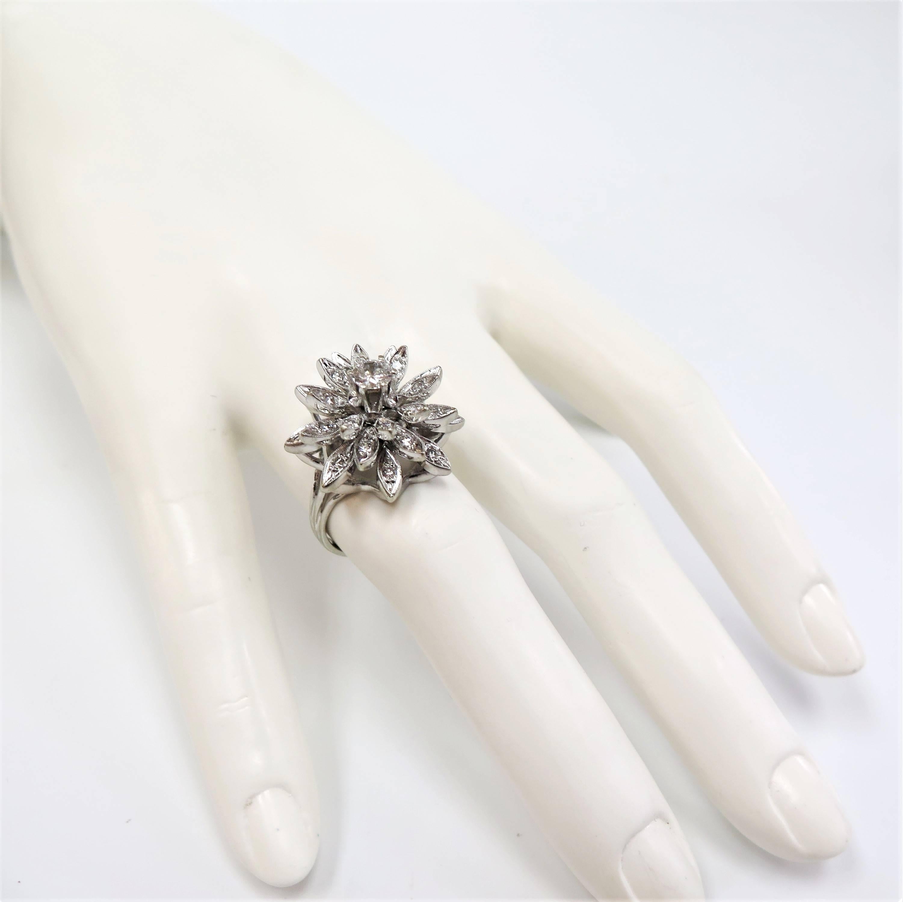 Women's 1950s Domed Diamond Cluster Flower Ring or Total Diamond Weight 0.86 Carat